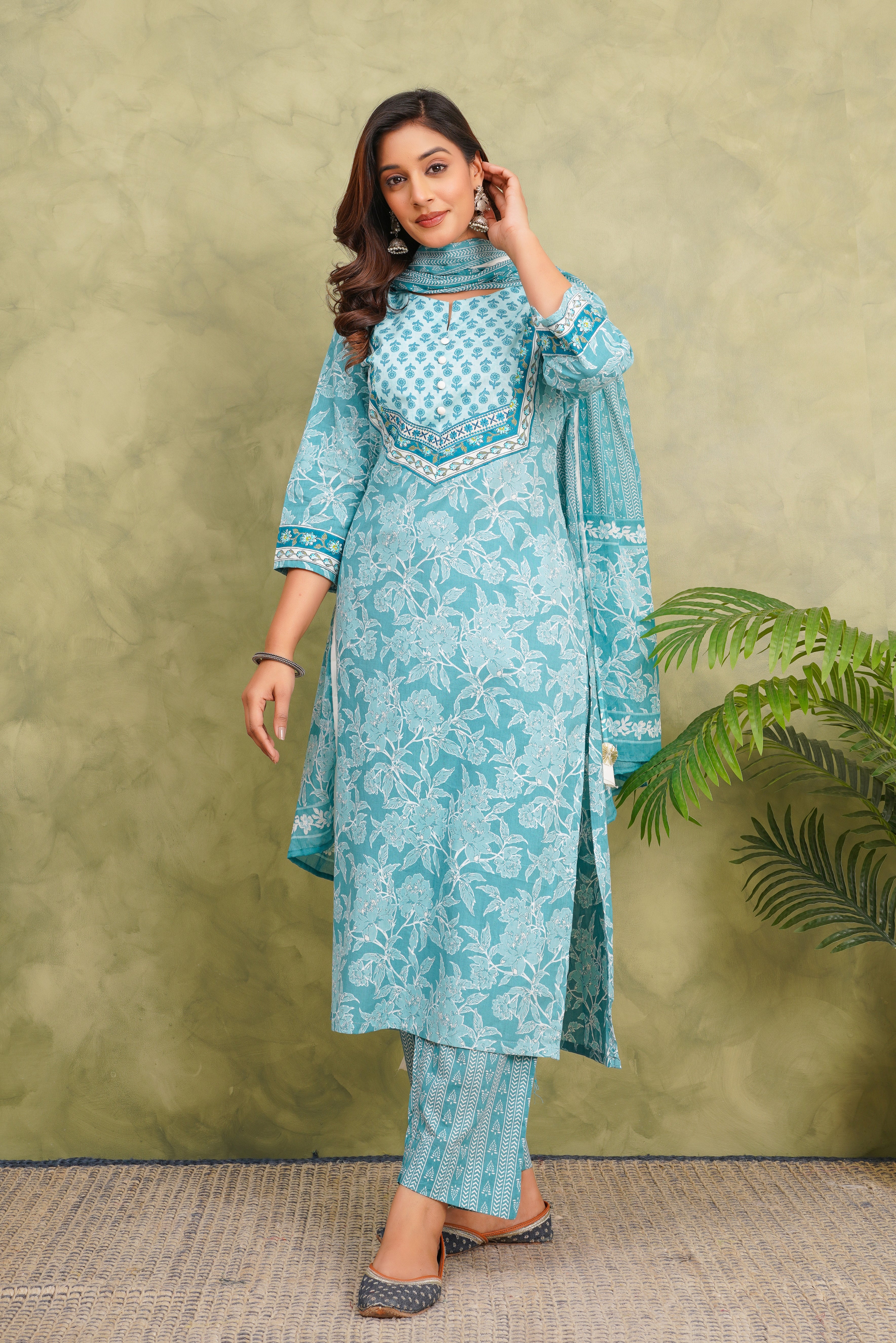 Blue Floral Printed Cotton Suit Set