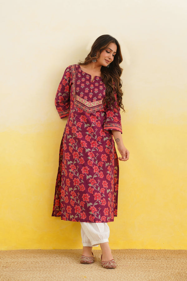 Wine Floral Printed Cotton Kurta