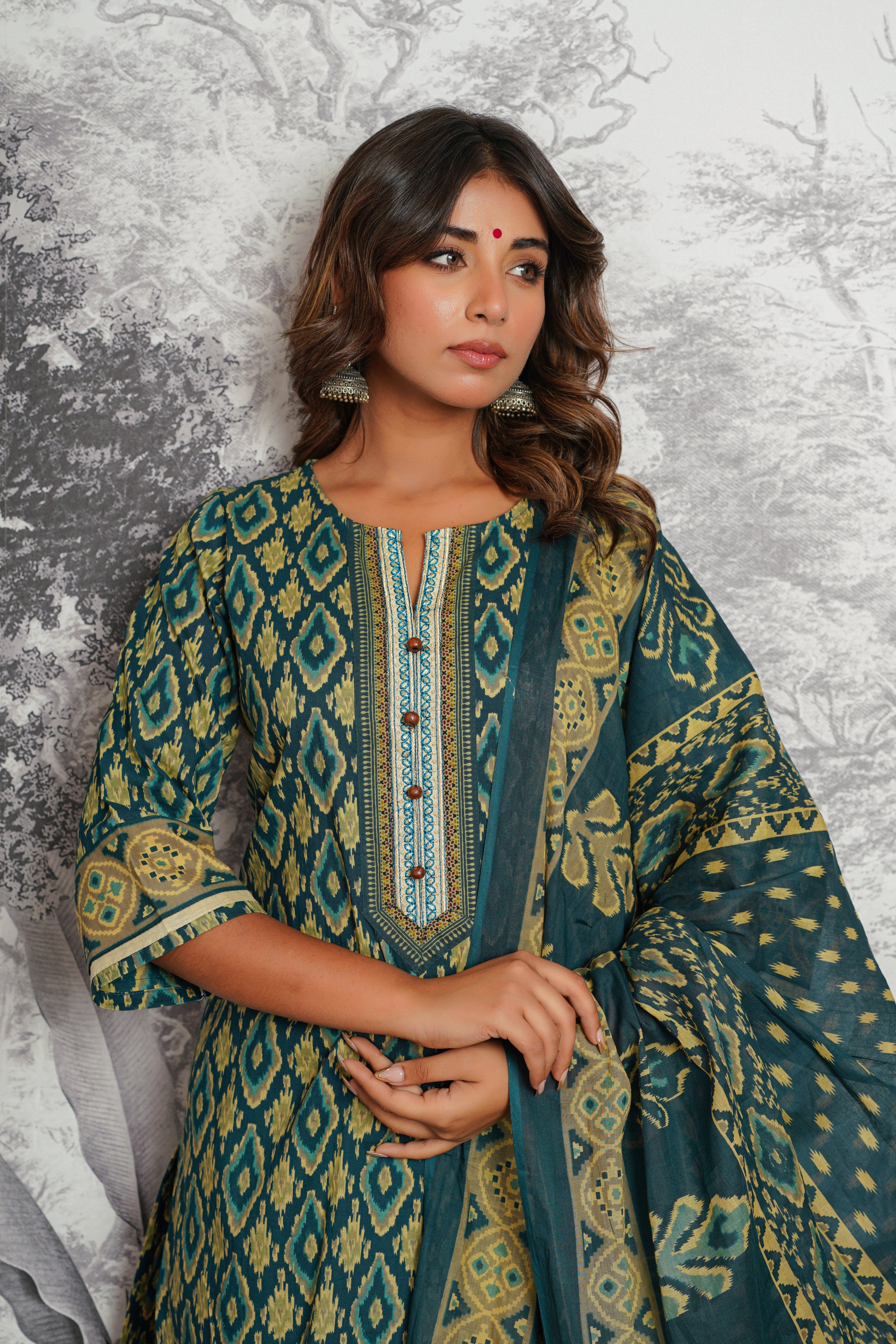Green Ikat Printed Cotton Suit Set