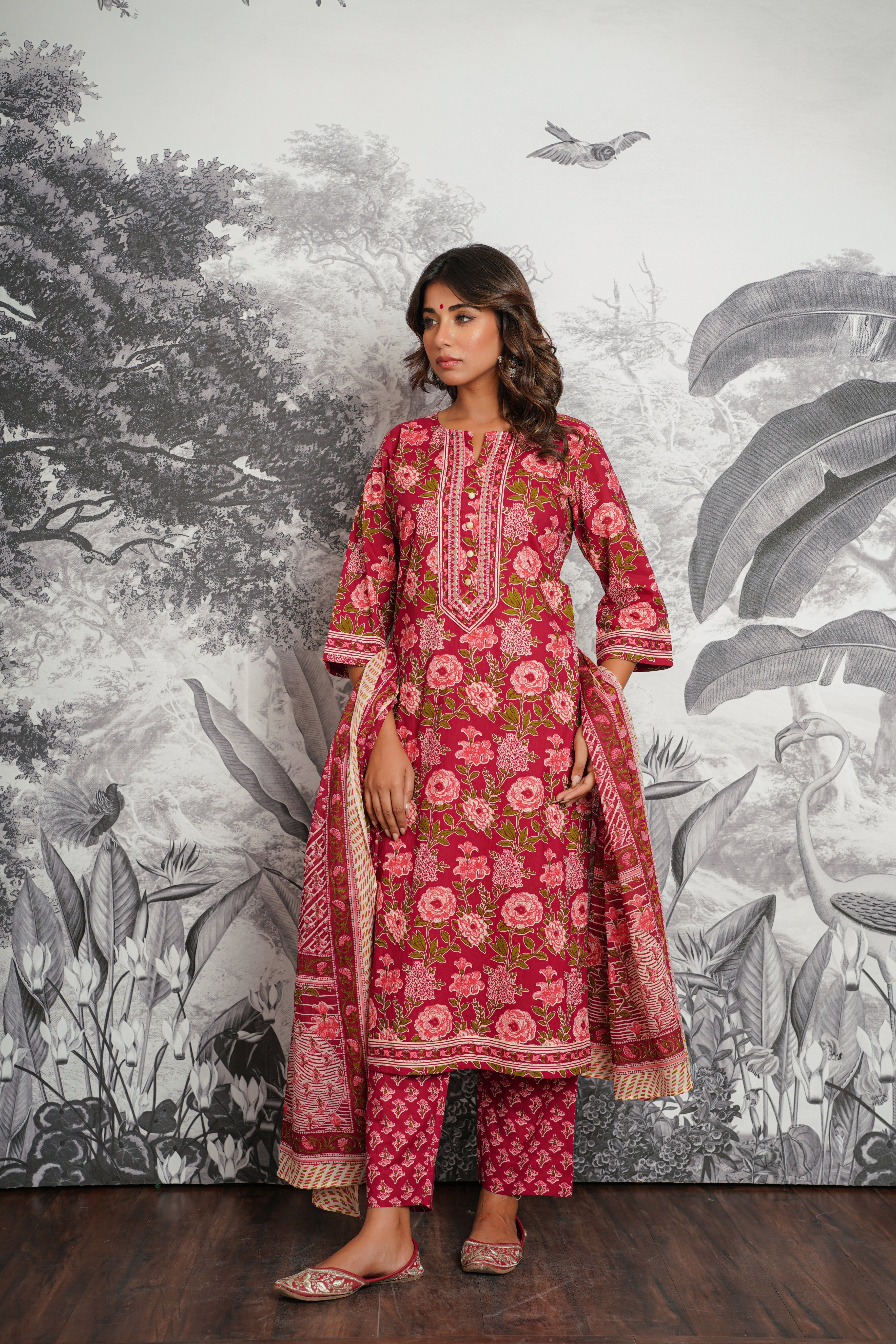 Maroon Floral Printed Cotton Suit Set
