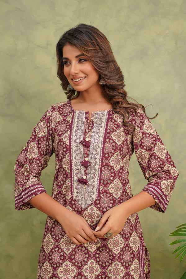 Wine Geometric Printed Cotton Kurta