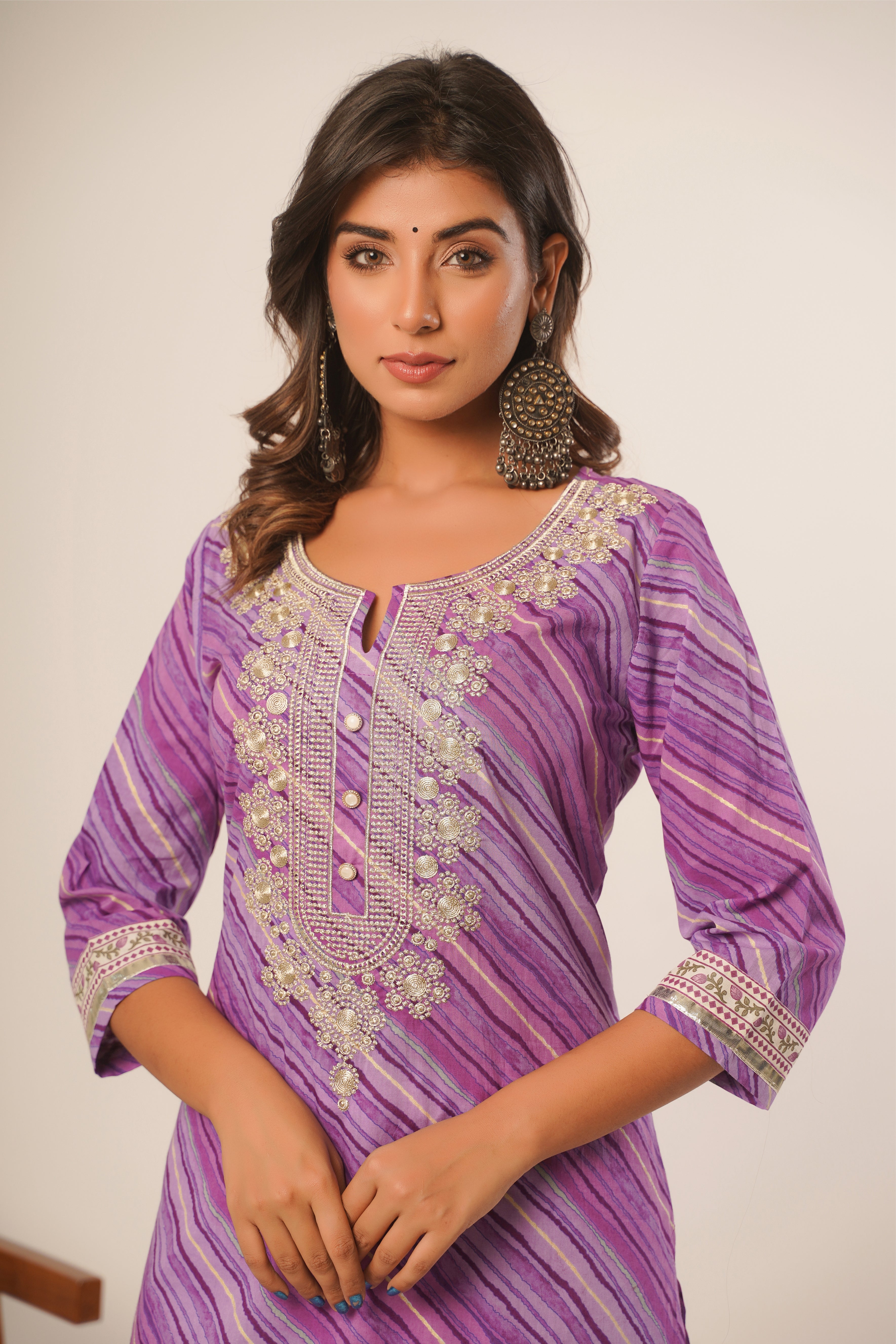 Embroidered Purple Leheriya Cotton Kurta