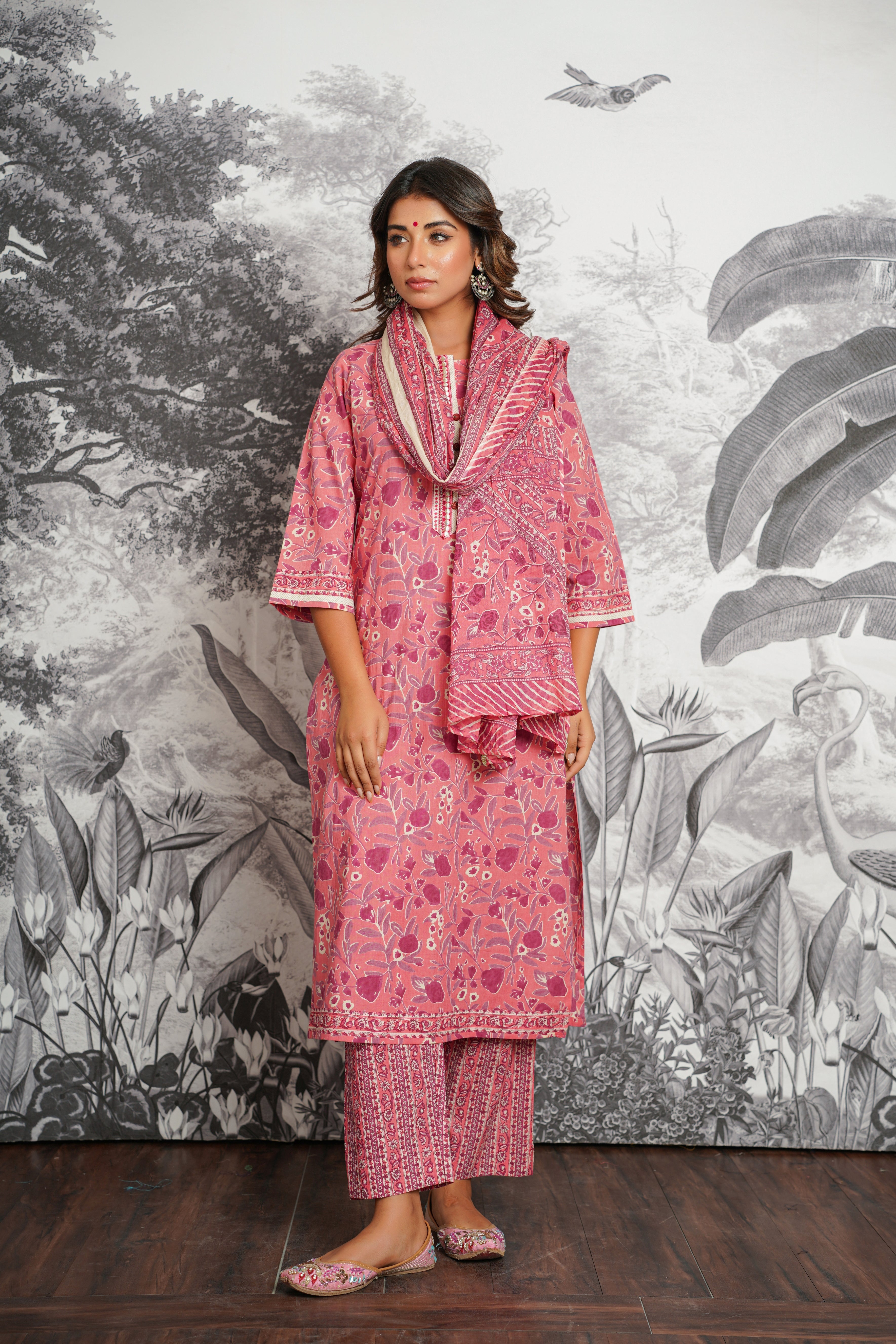 Pink Floral Printed Cotton Suit Set