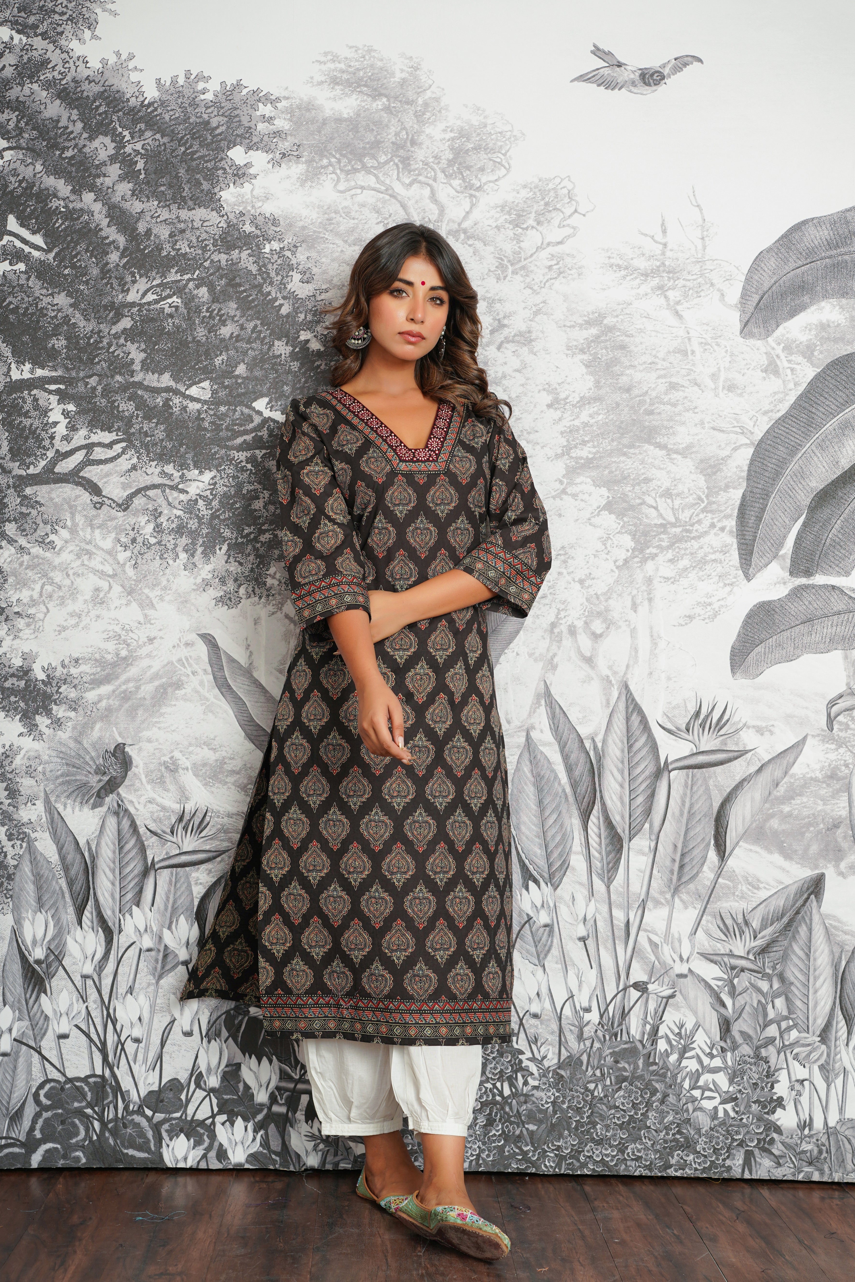 Black Motif Printed Cotton Kurta