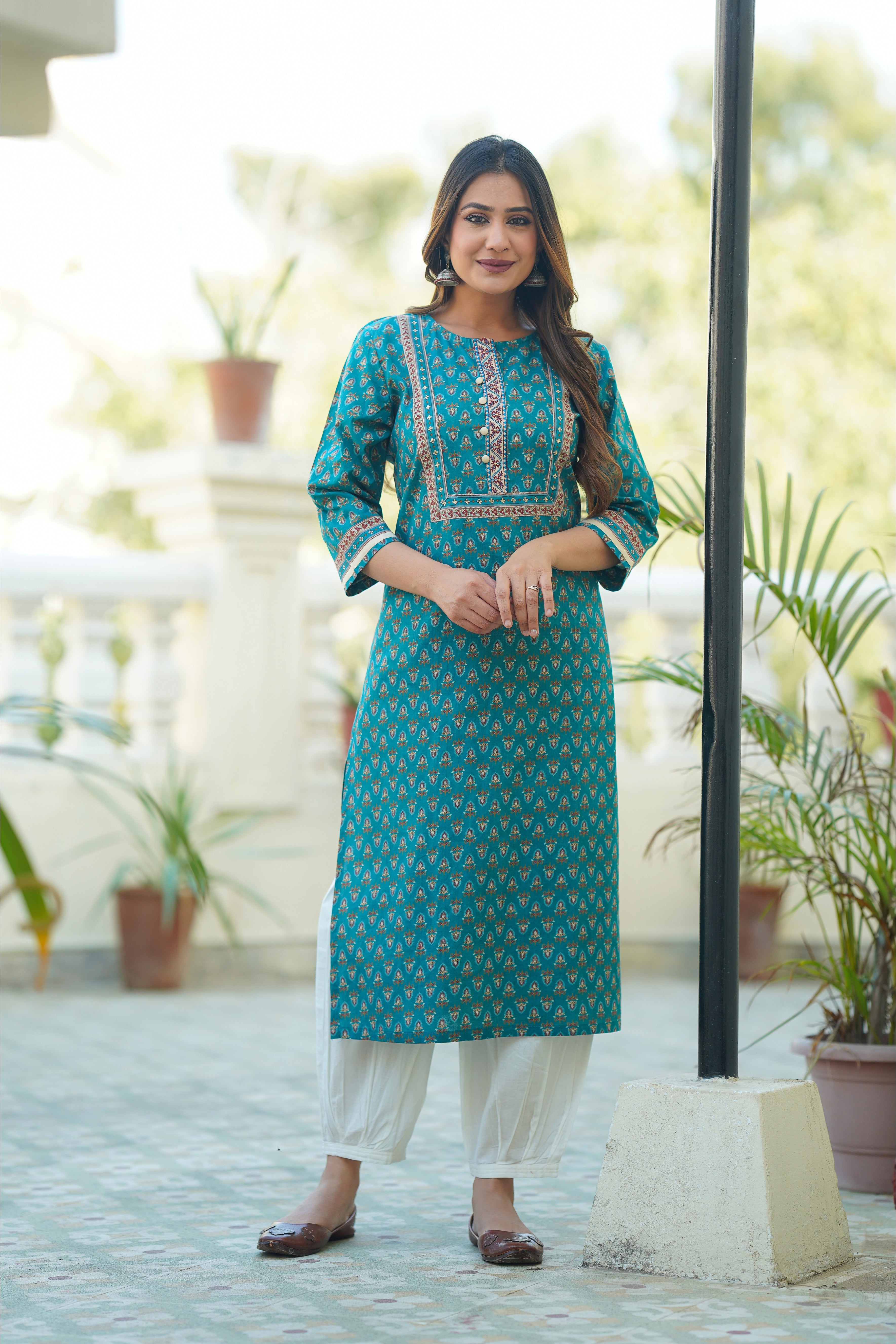 Teal Motif Printed Cotton Kurta