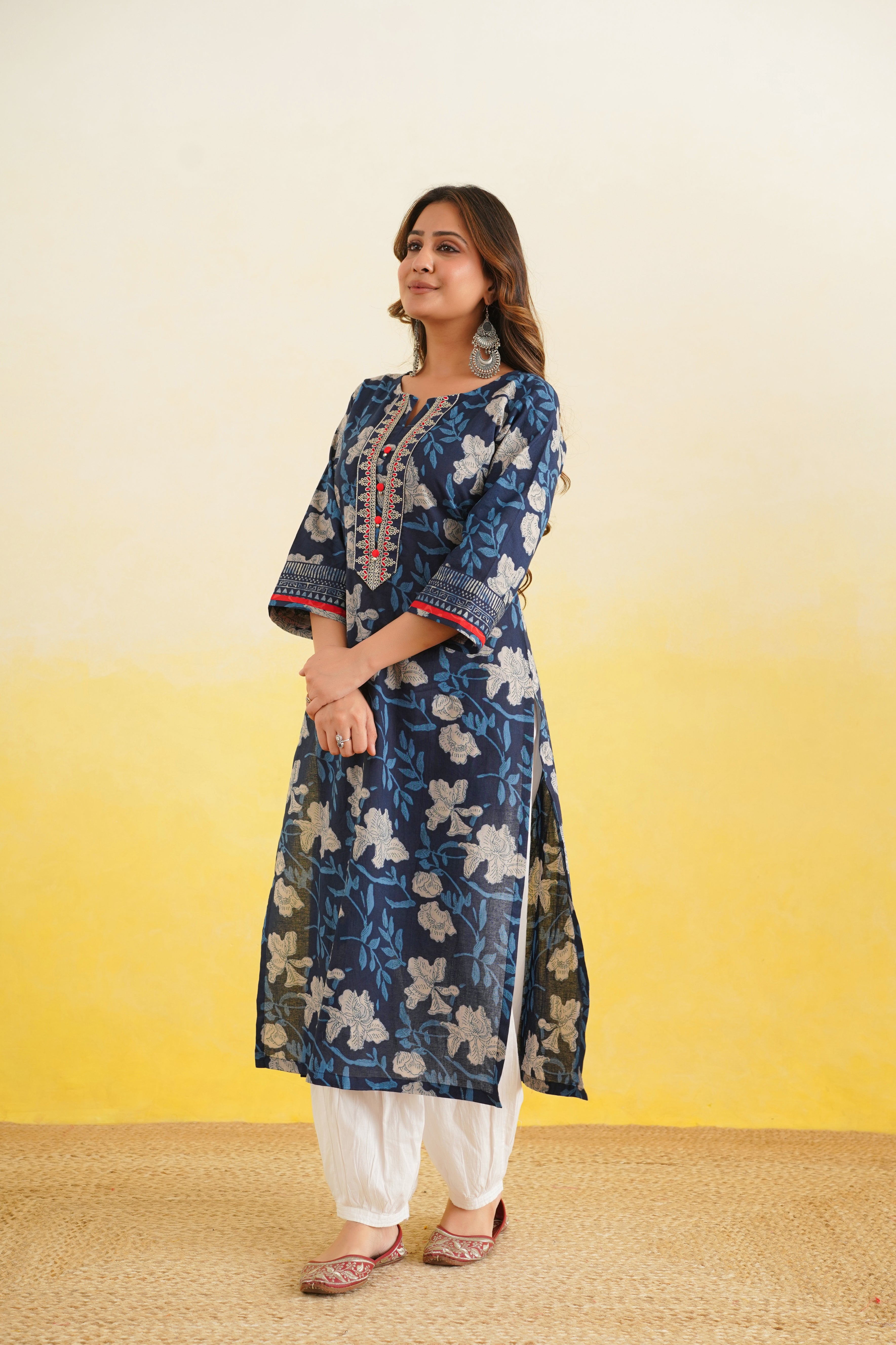 Blue Floral Printed Cotton Kurta