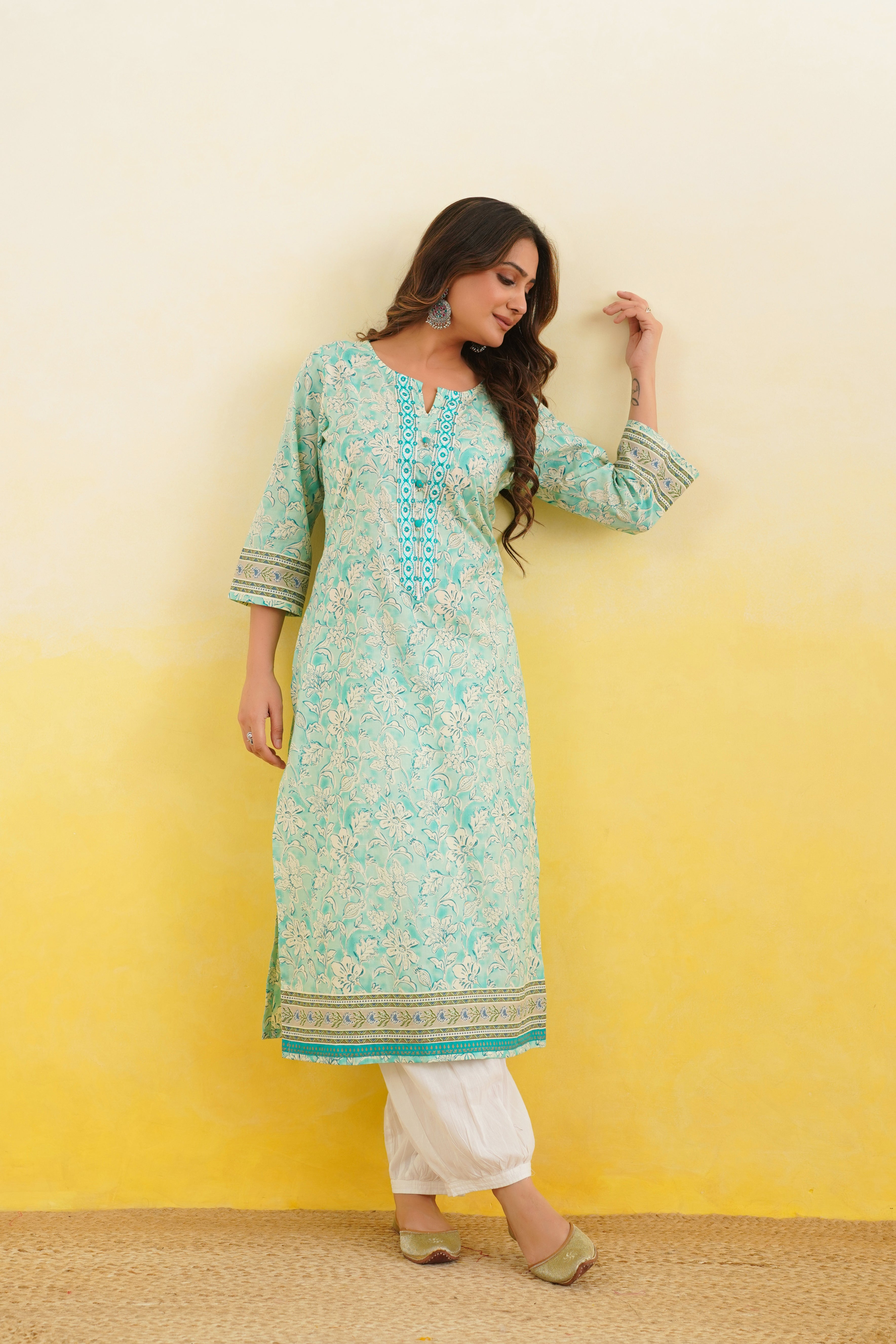 Turquoise Floral Printed Cotton Kurta