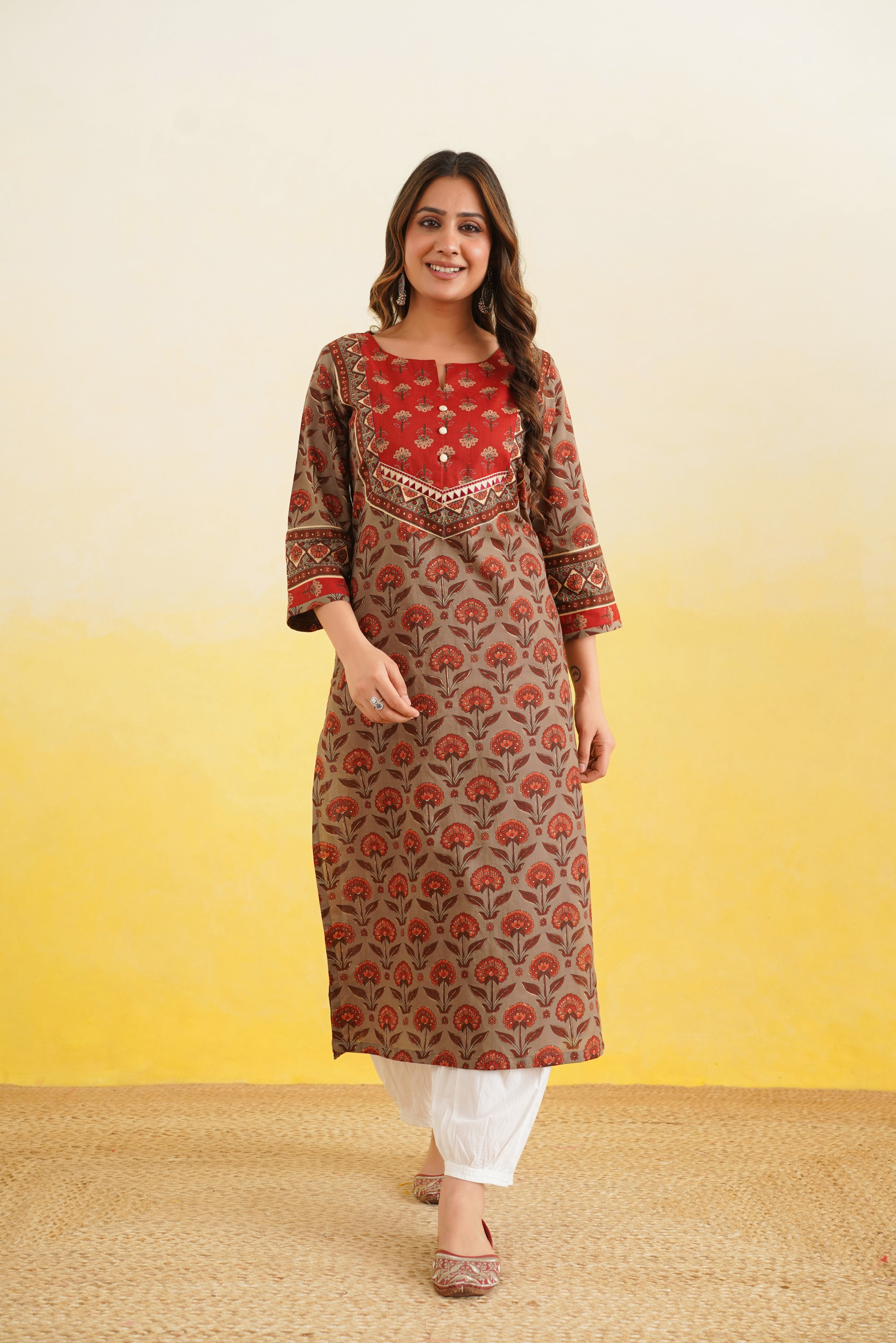 Coffee Floral Printed Cotton Kurta