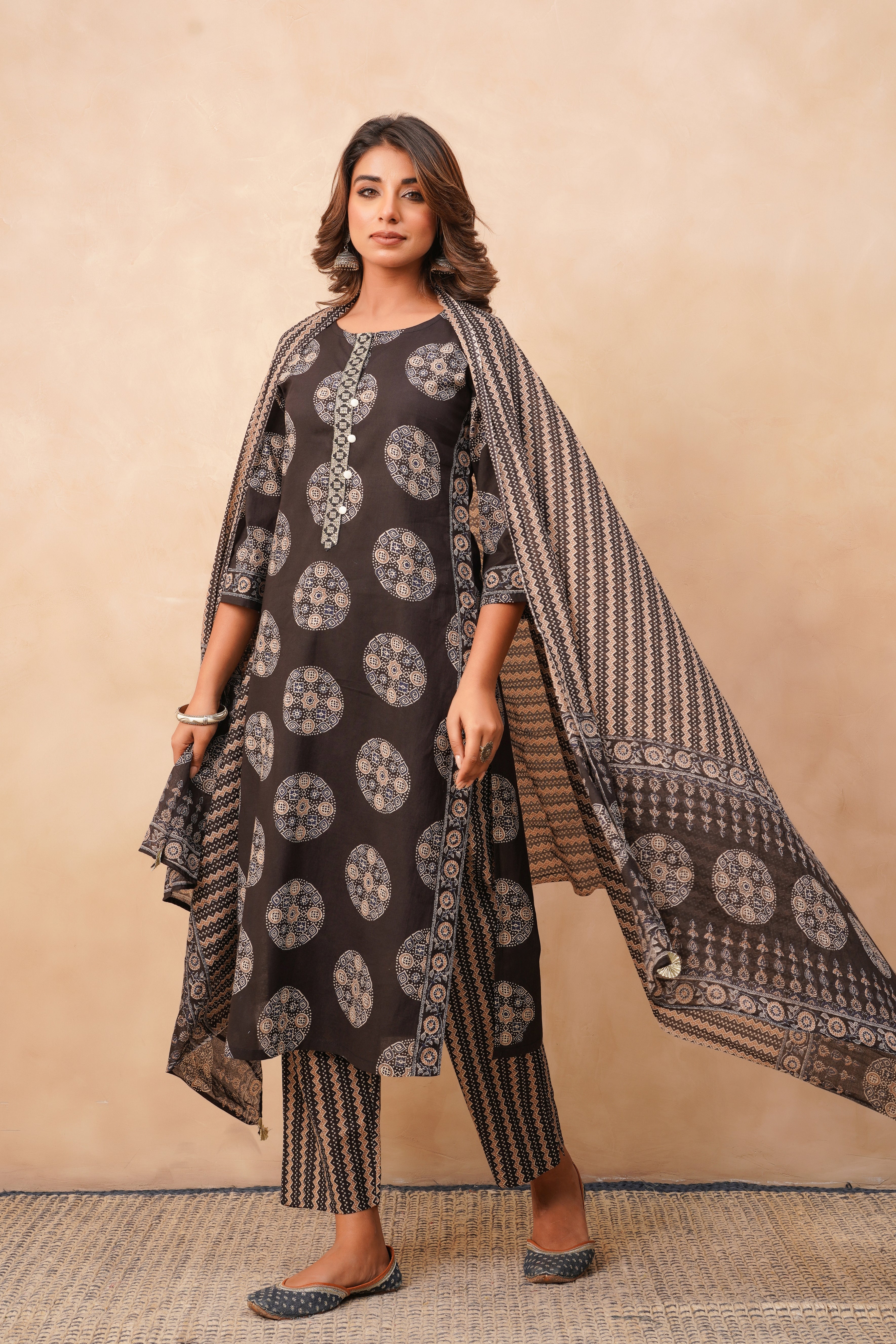 Black Geometric Printed Cotton Suit Set