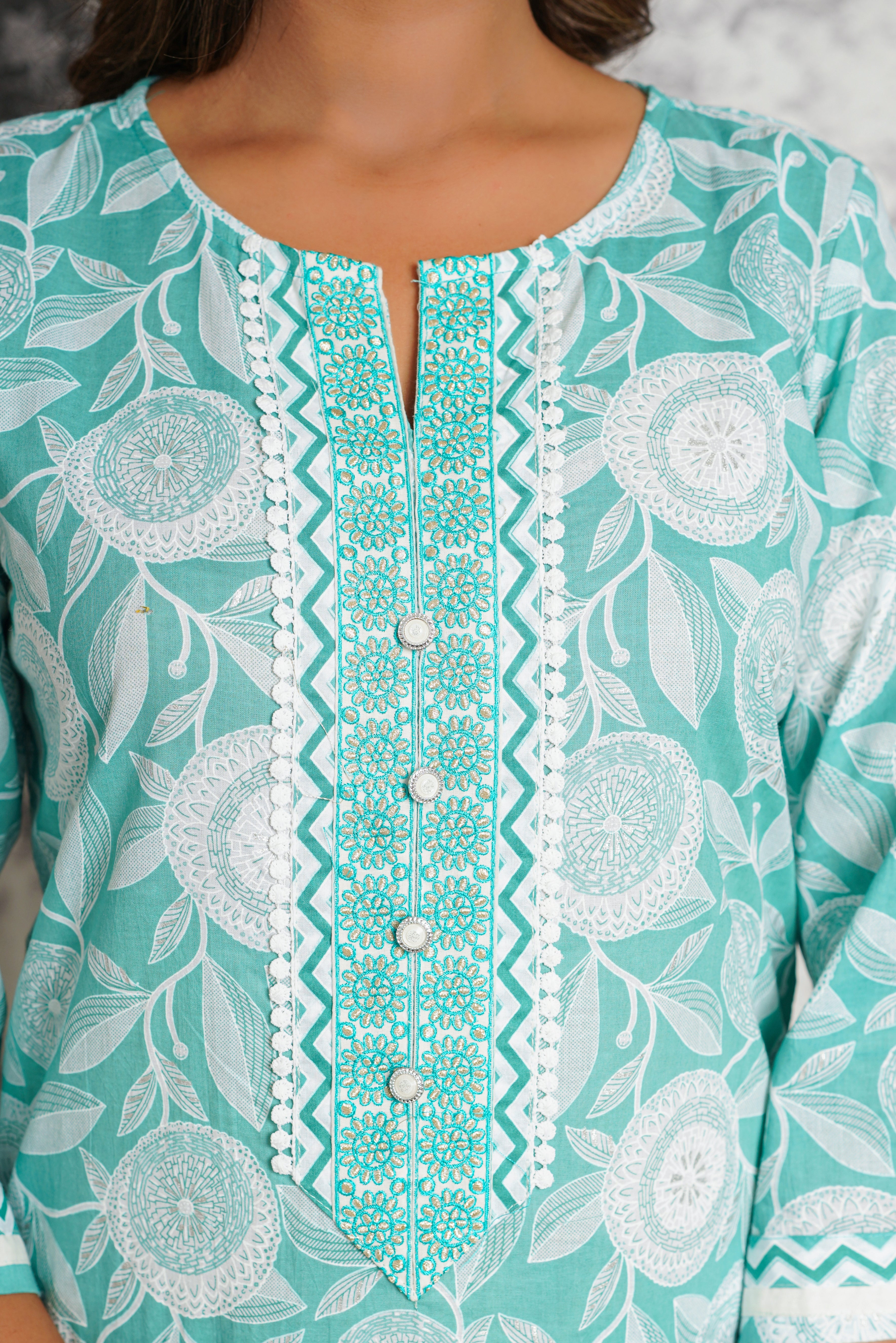 Turquoise Floral Printed Cotton Suit Set