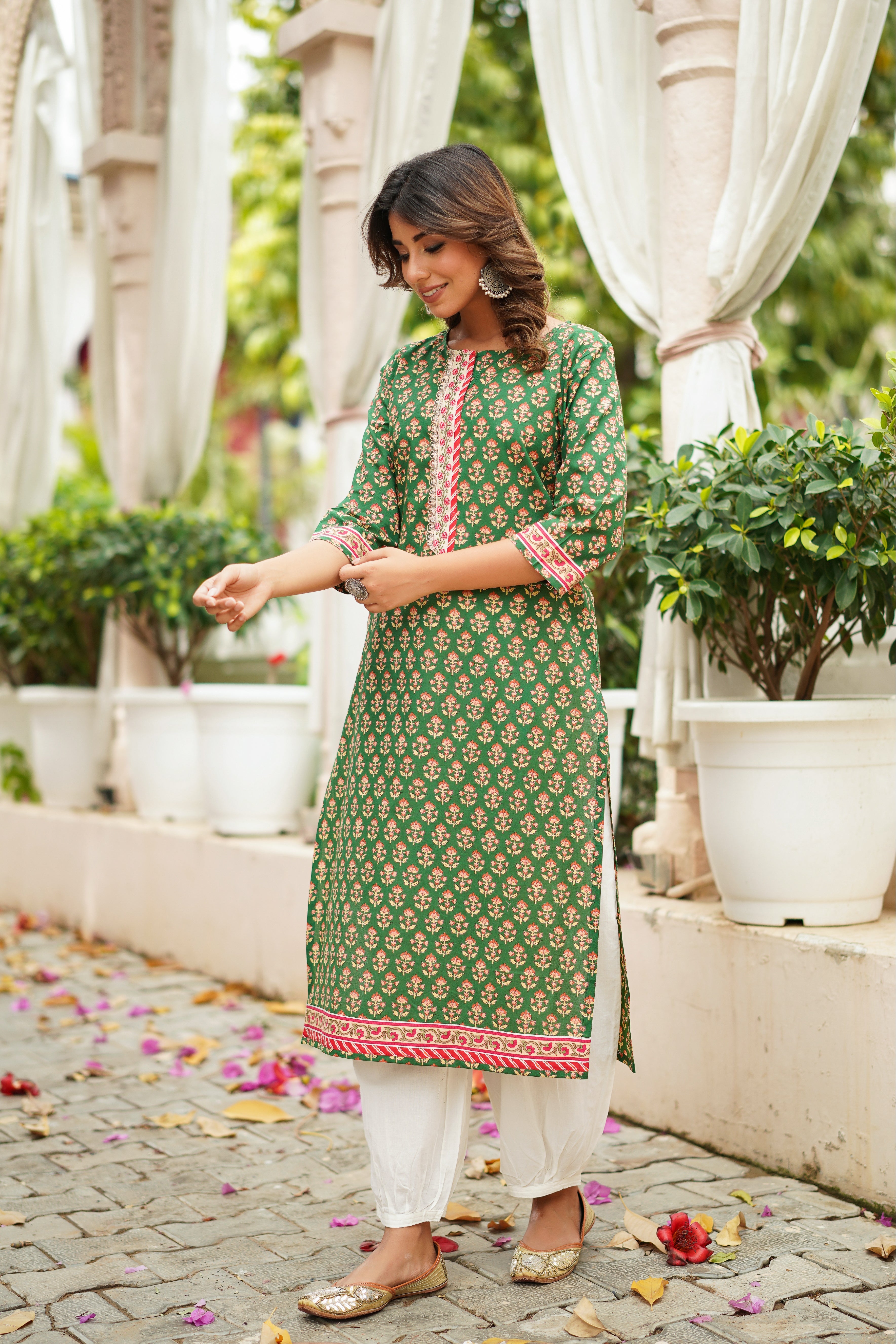 Green Motif Printed Cotton Kurta