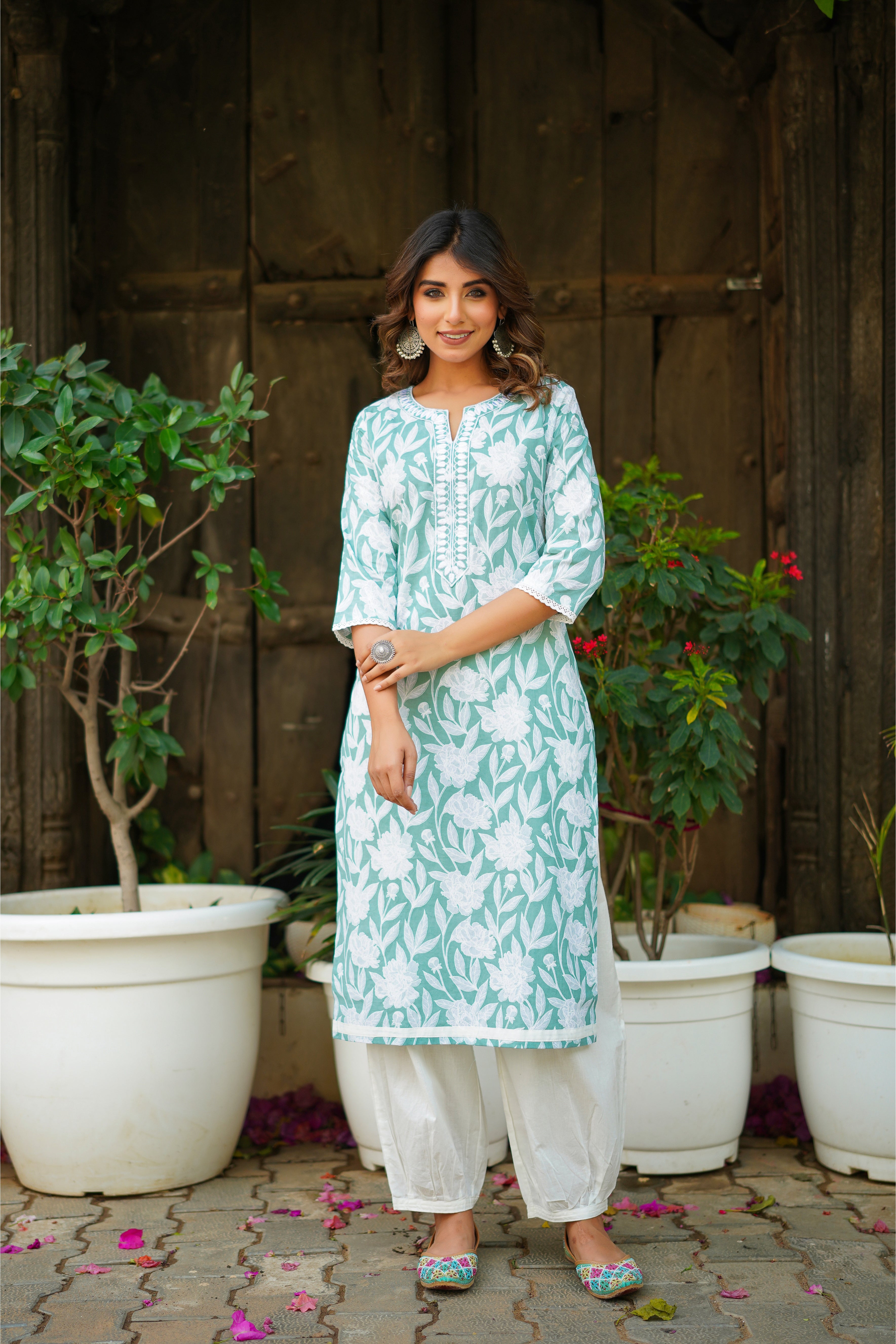 Sea Green Floral Printed Cotton Kurta