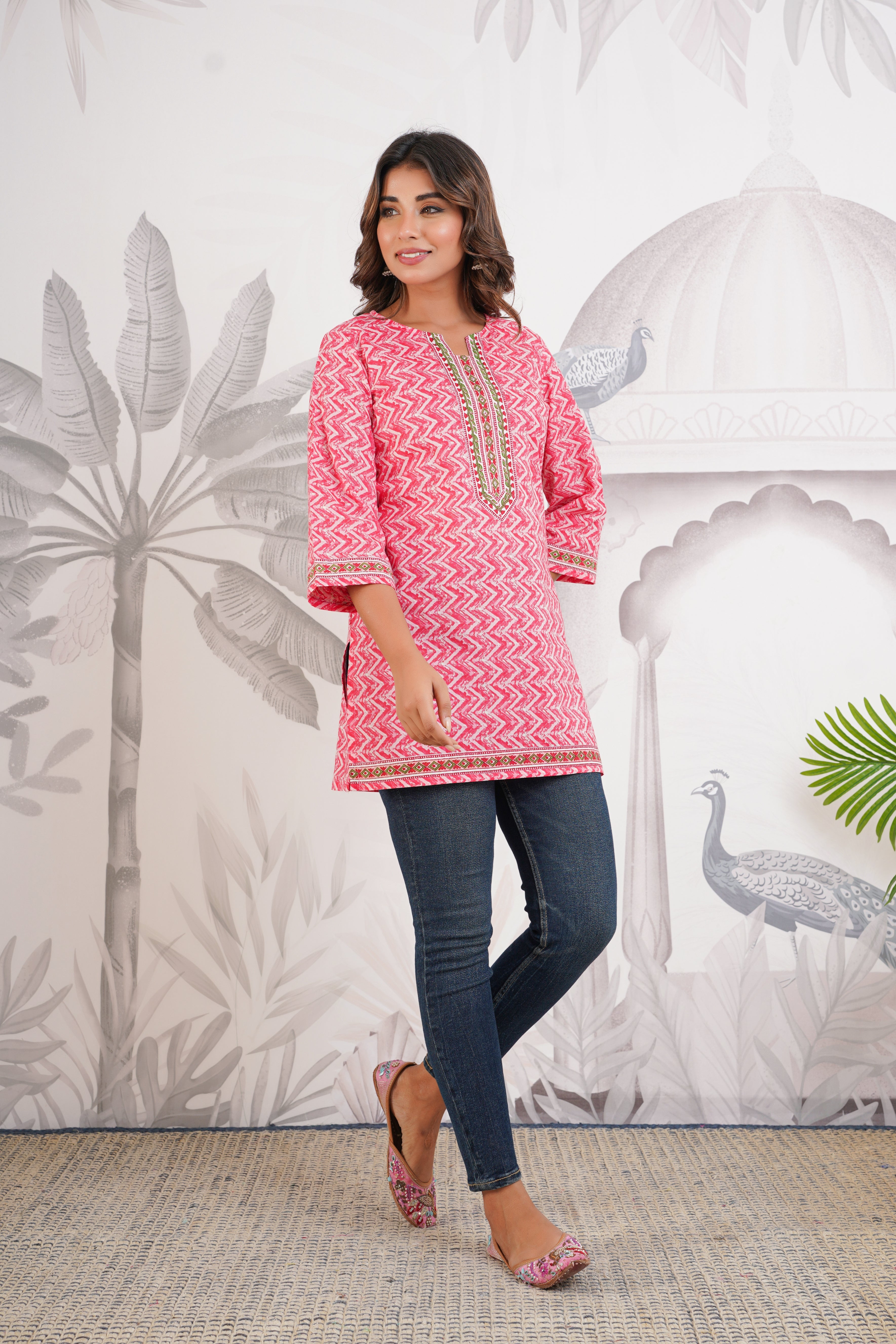 Pink Geometric Printed Cotton Kurti