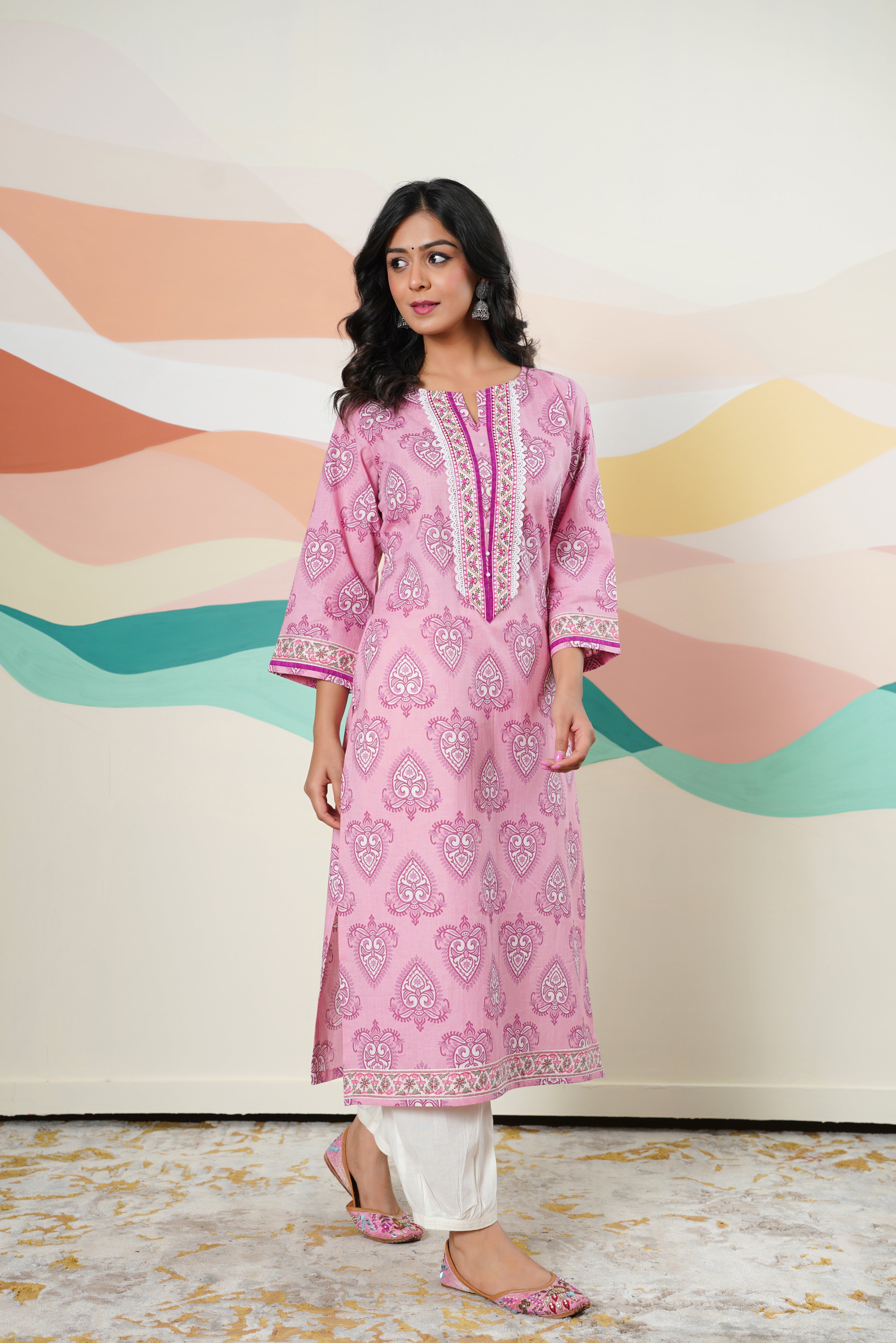 Pink Motif Printed Cotton Kurta