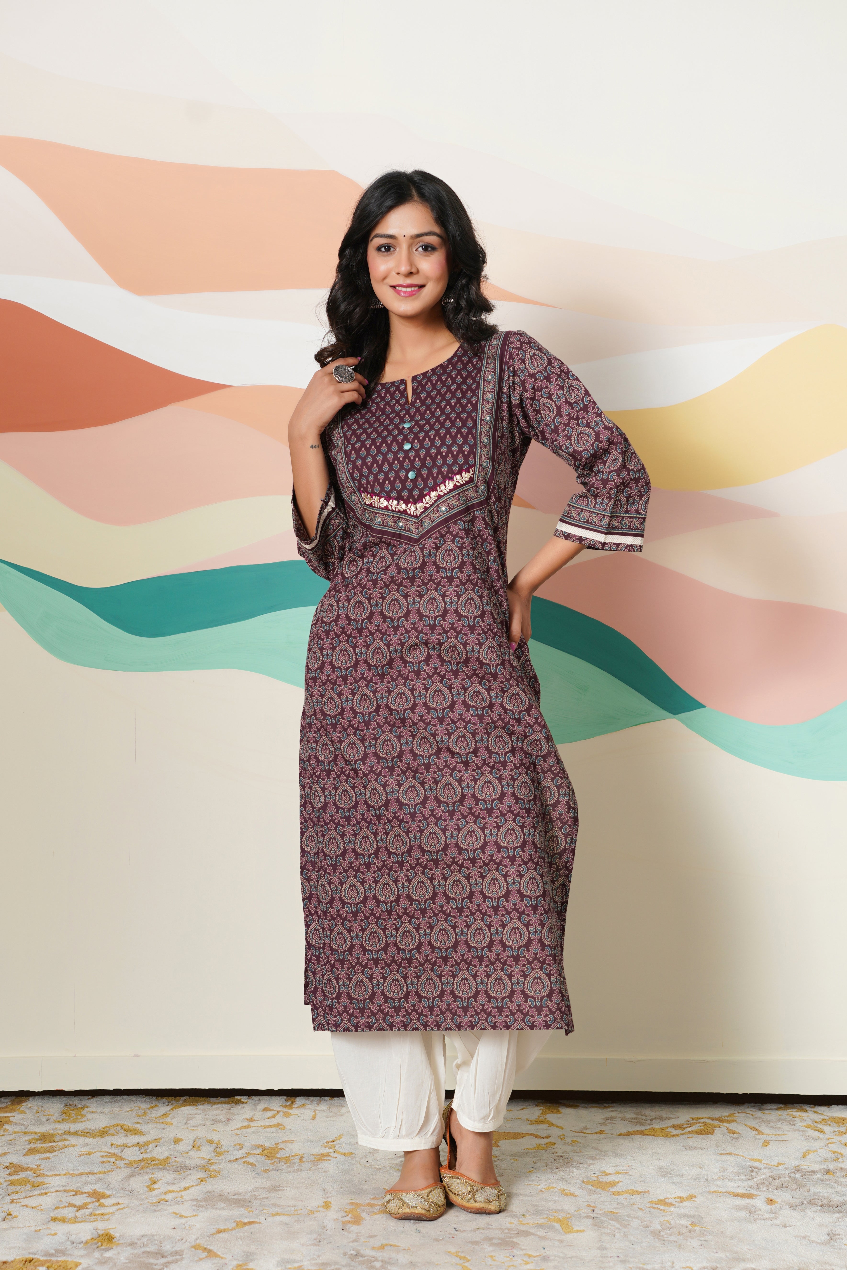 Wine Motif Printed Cotton Kurta