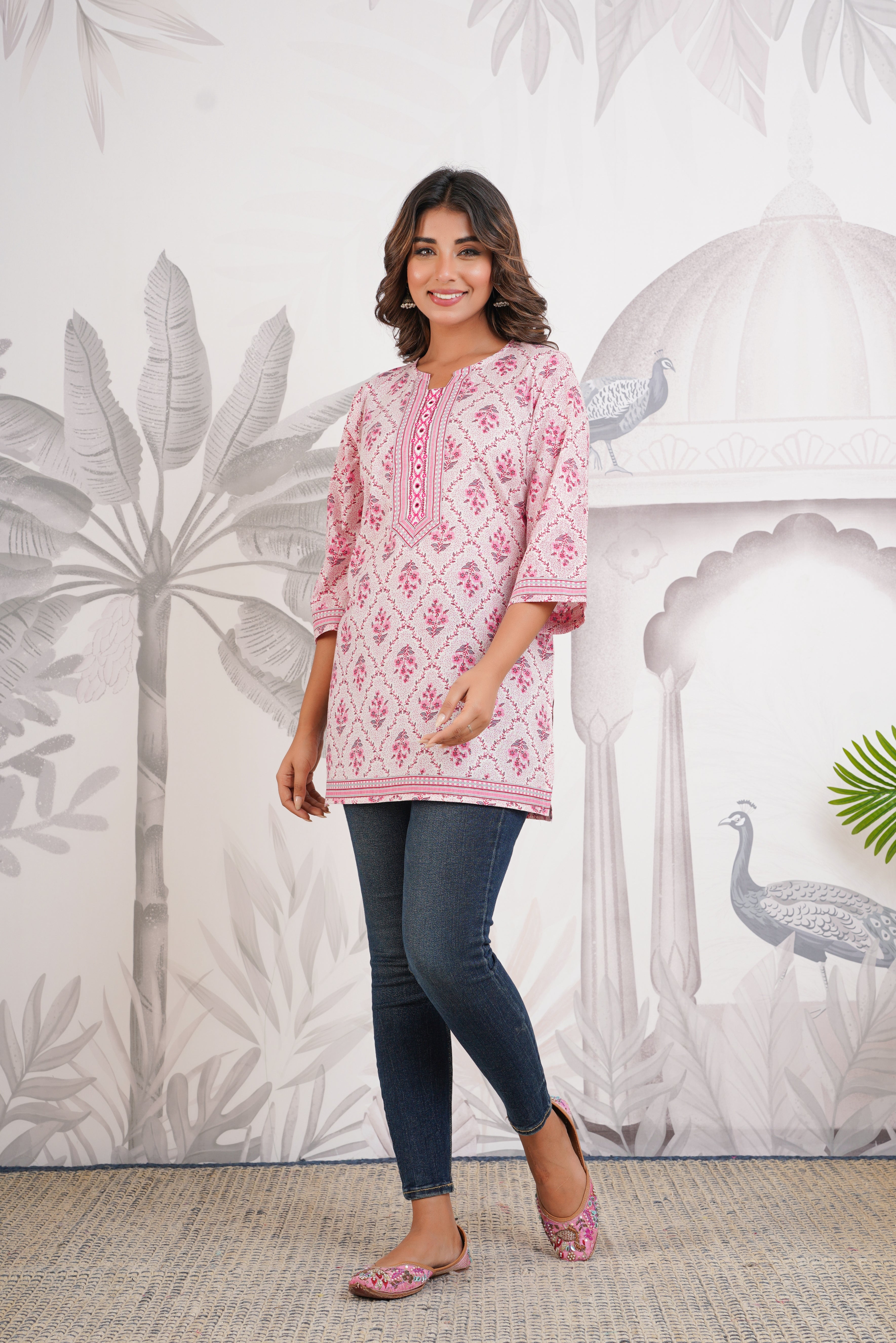 Pink Floral Printed Cotton Kurti