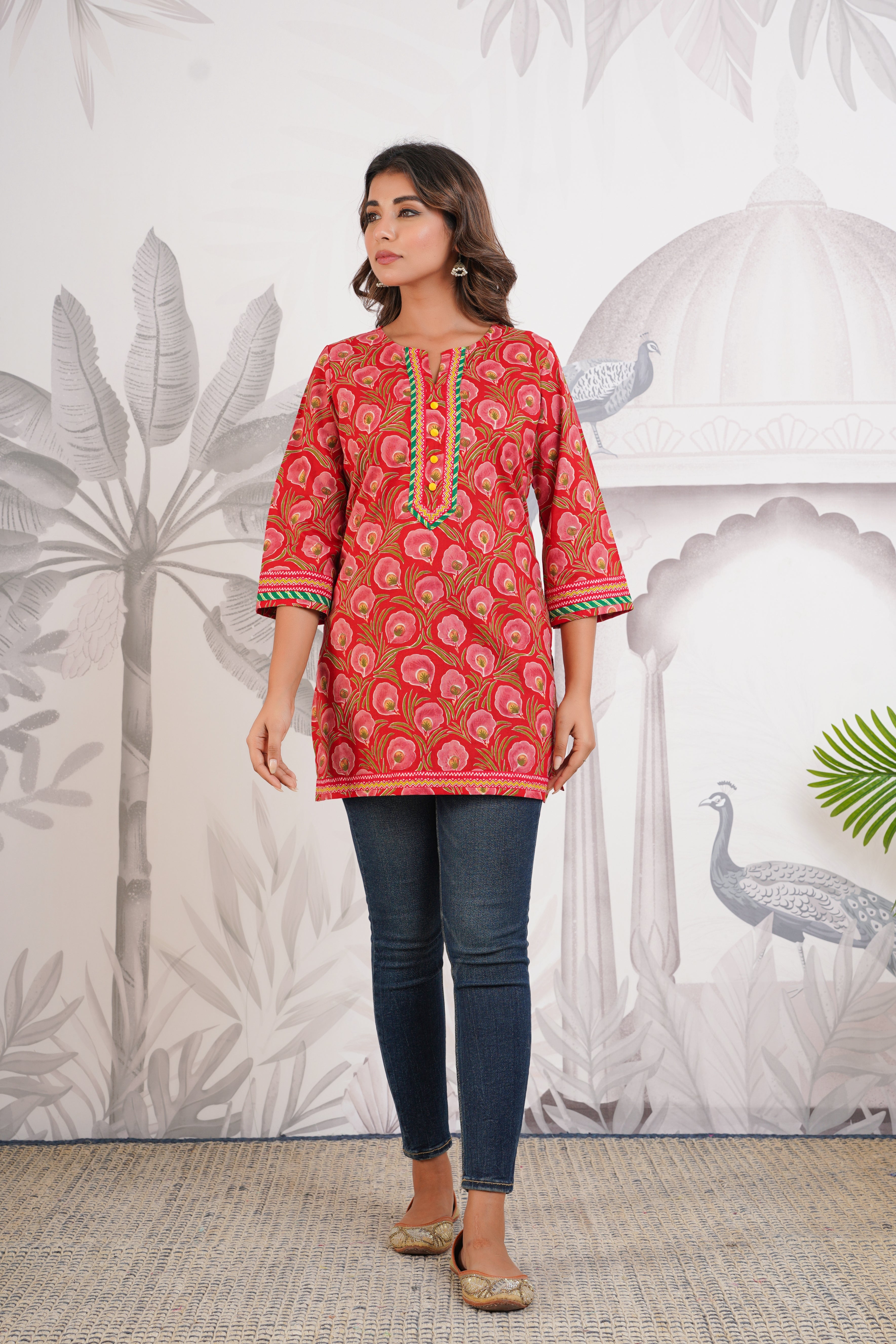 Red Floral Printed Cotton Kurti