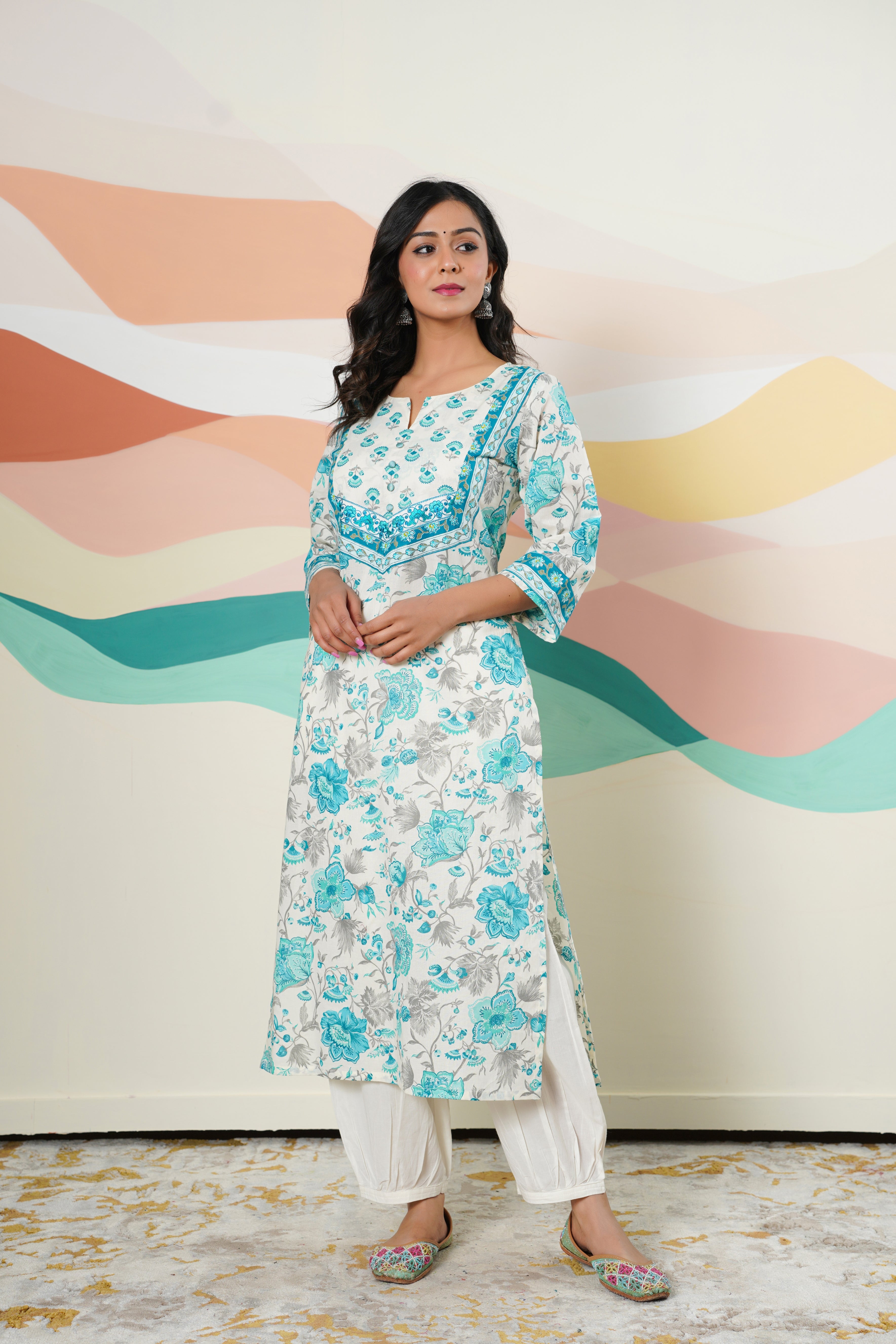 Turquoise Floral Printed Cotton Kurta