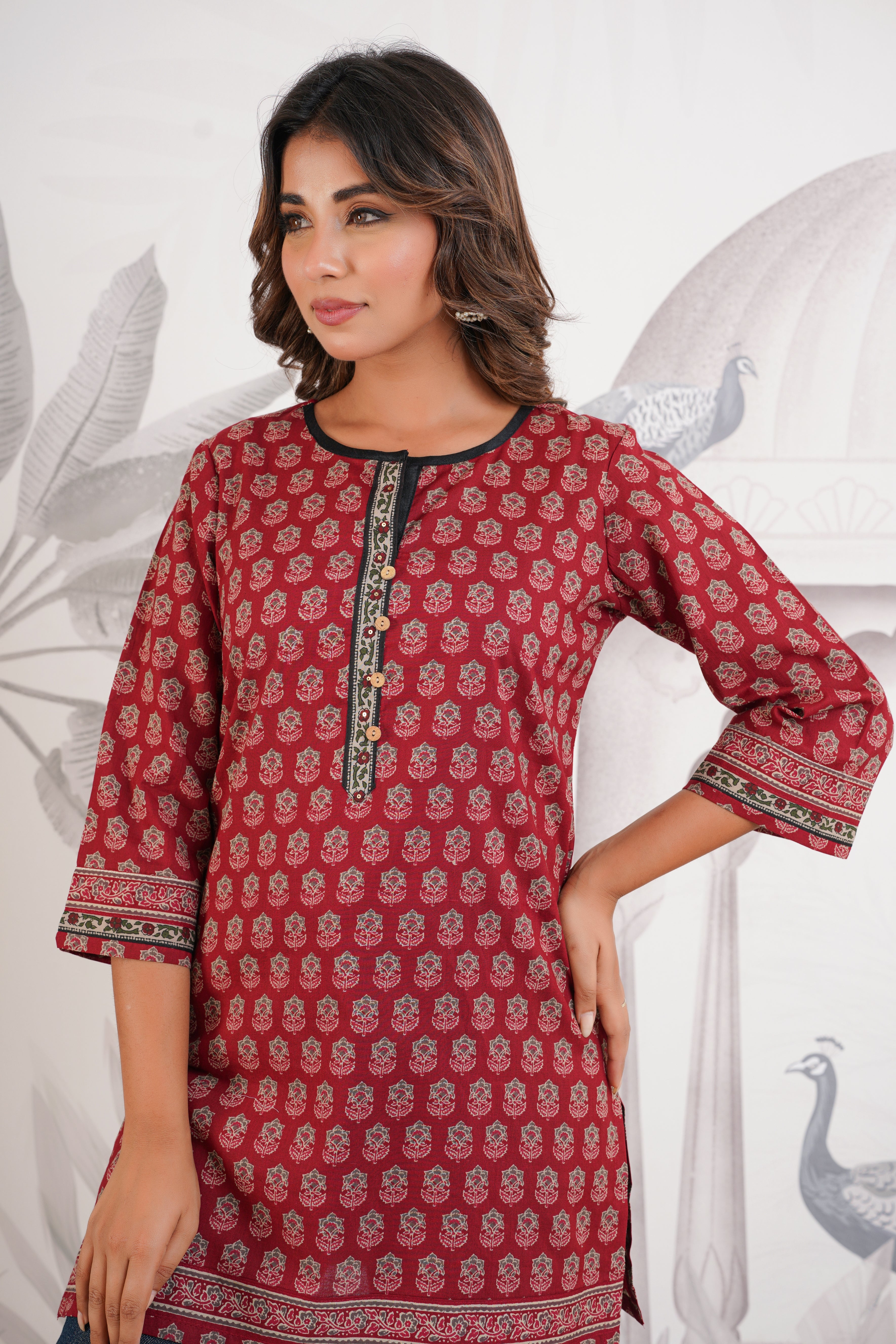 Maroon Motif Printed Cotton Kurti