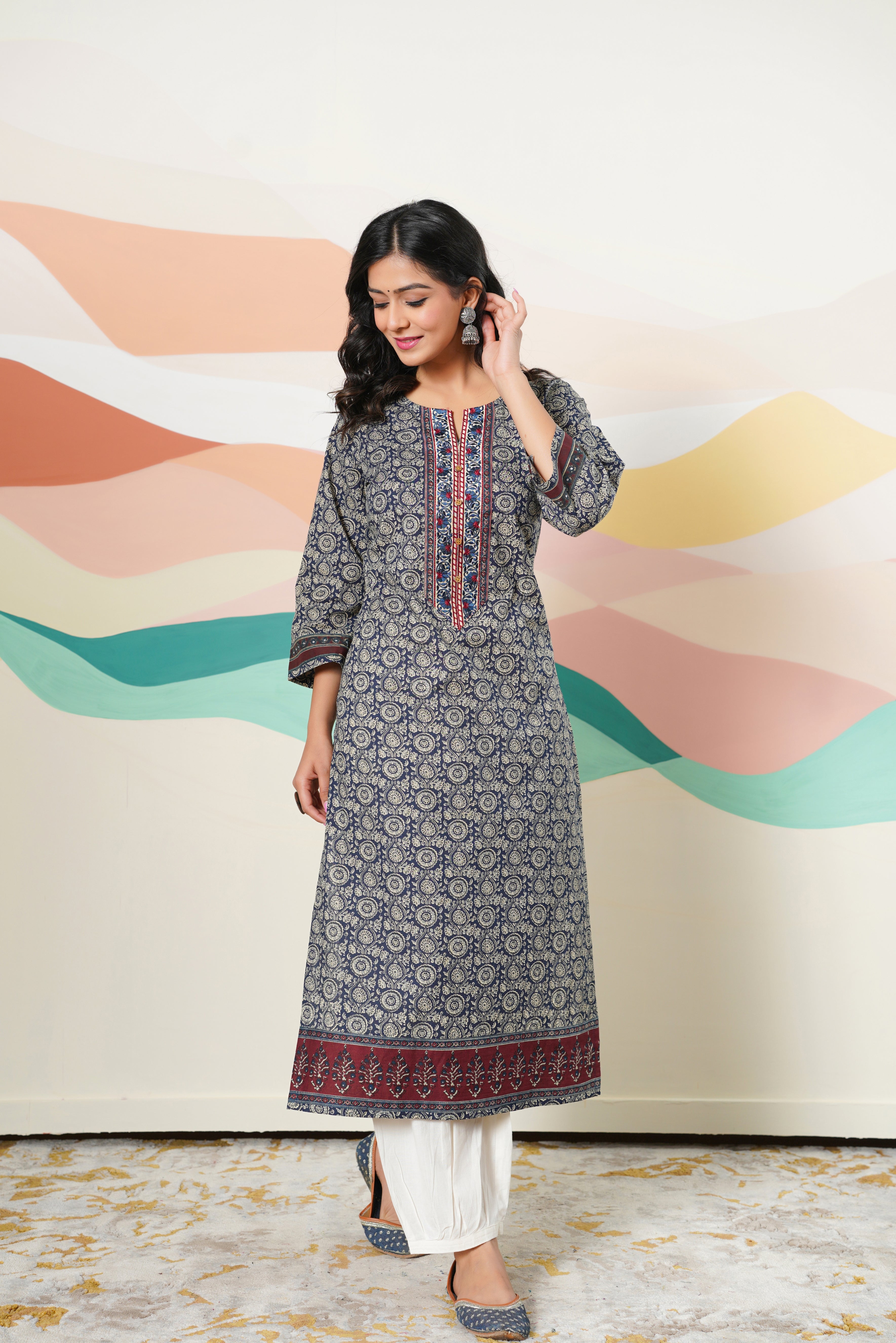Blue Motif Printed Cotton Kurta