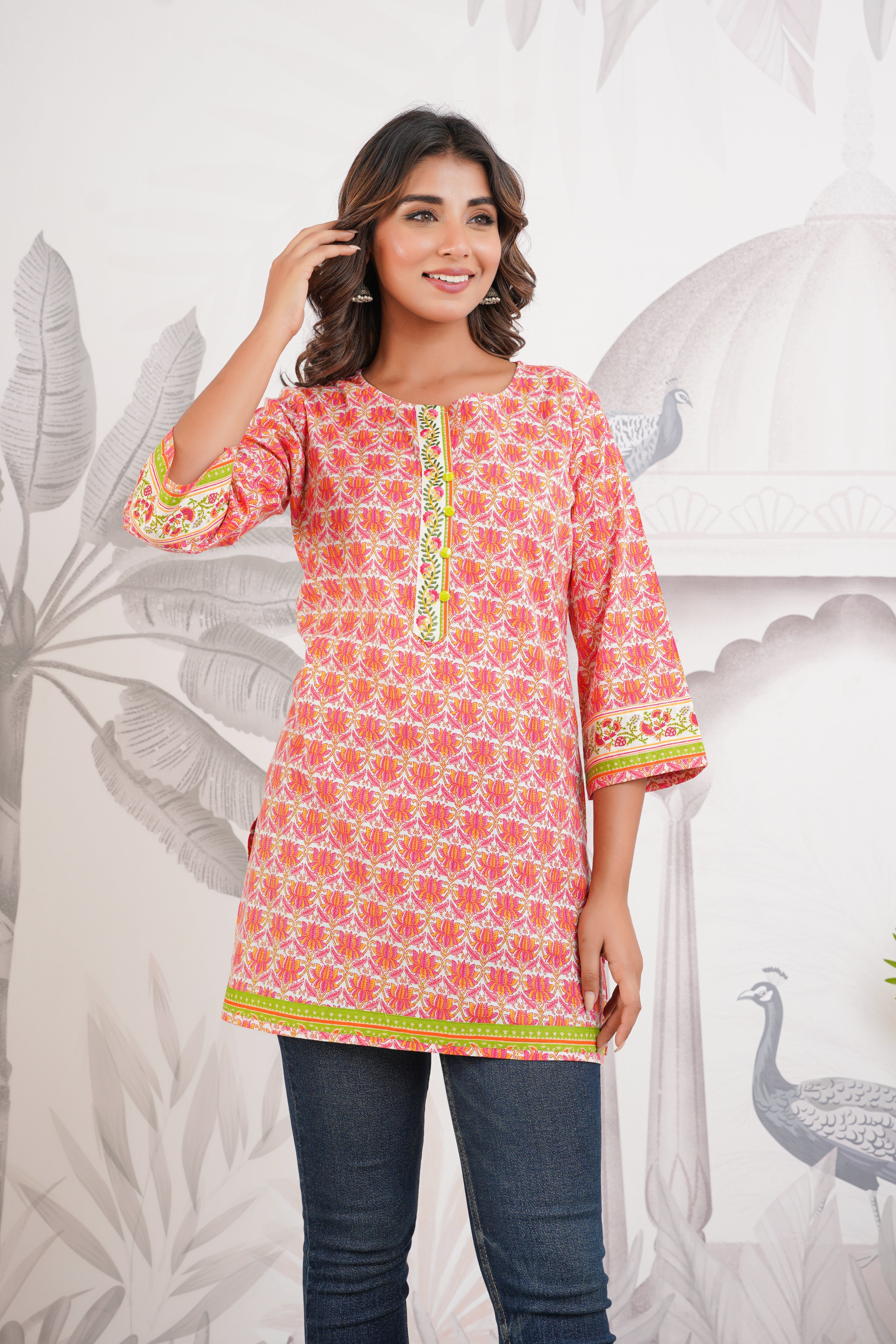 Orange Floral Printed Cotton Kurti