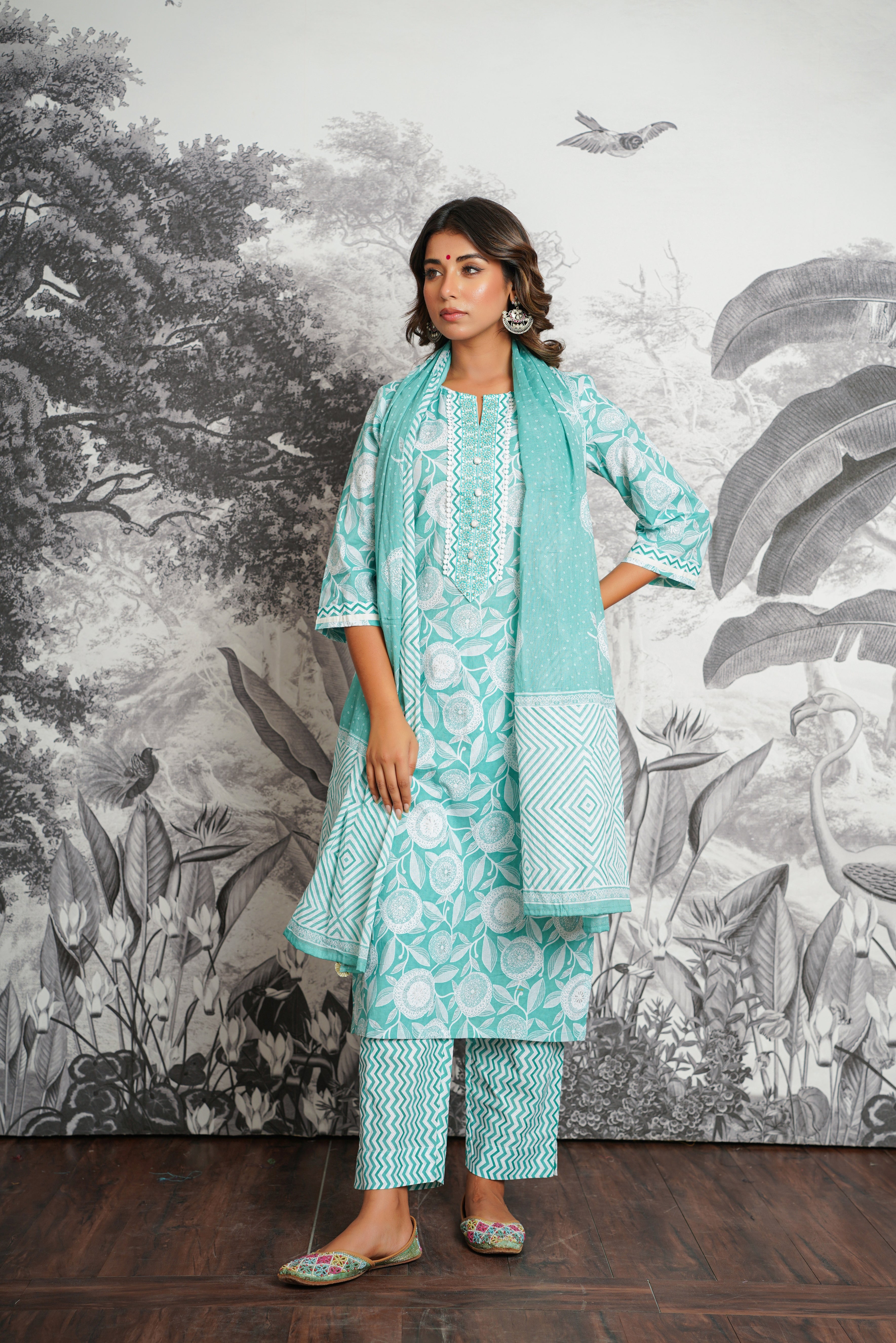 Turquoise Floral Printed Cotton Suit Set