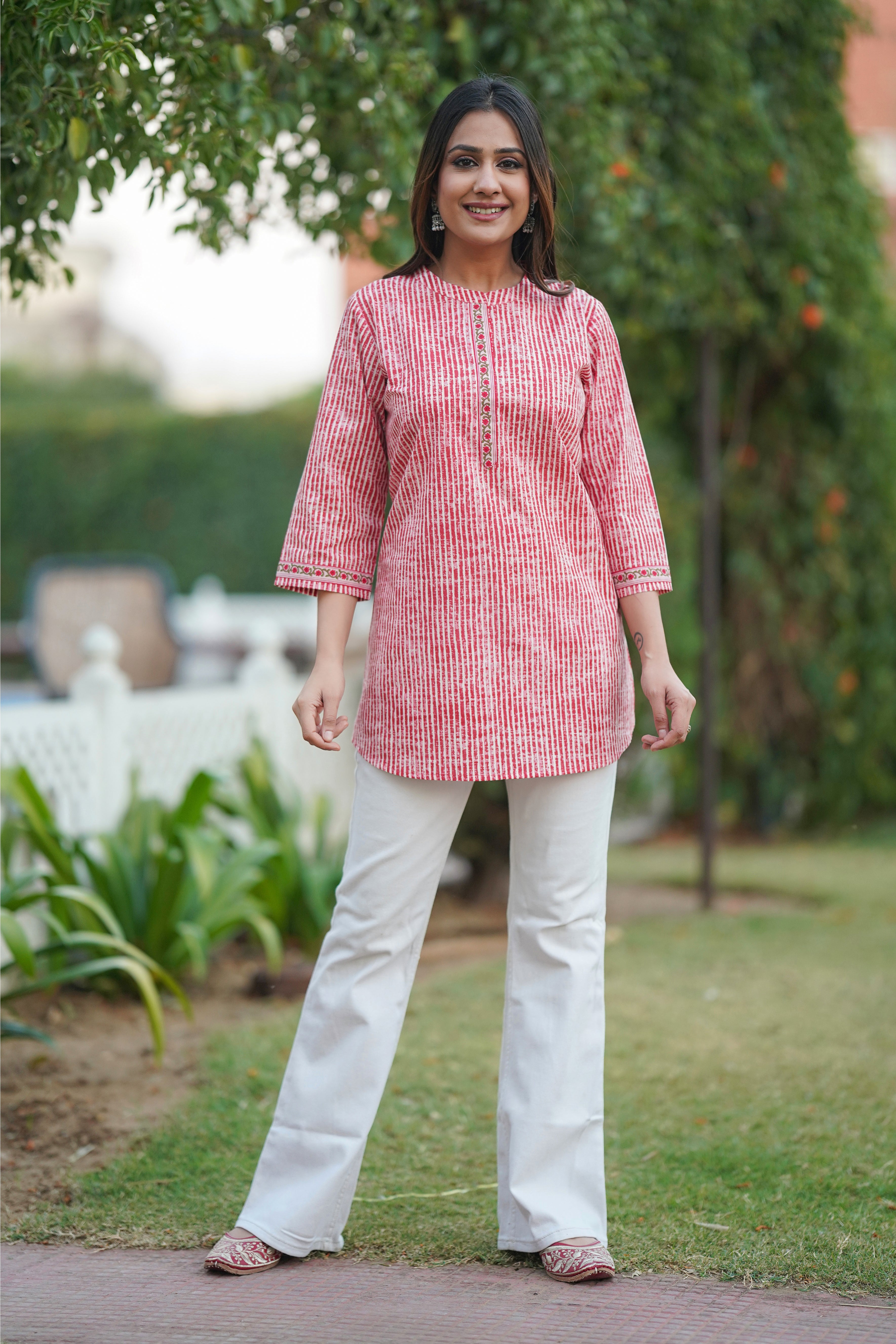 Red Stripe Printed Cotton Top