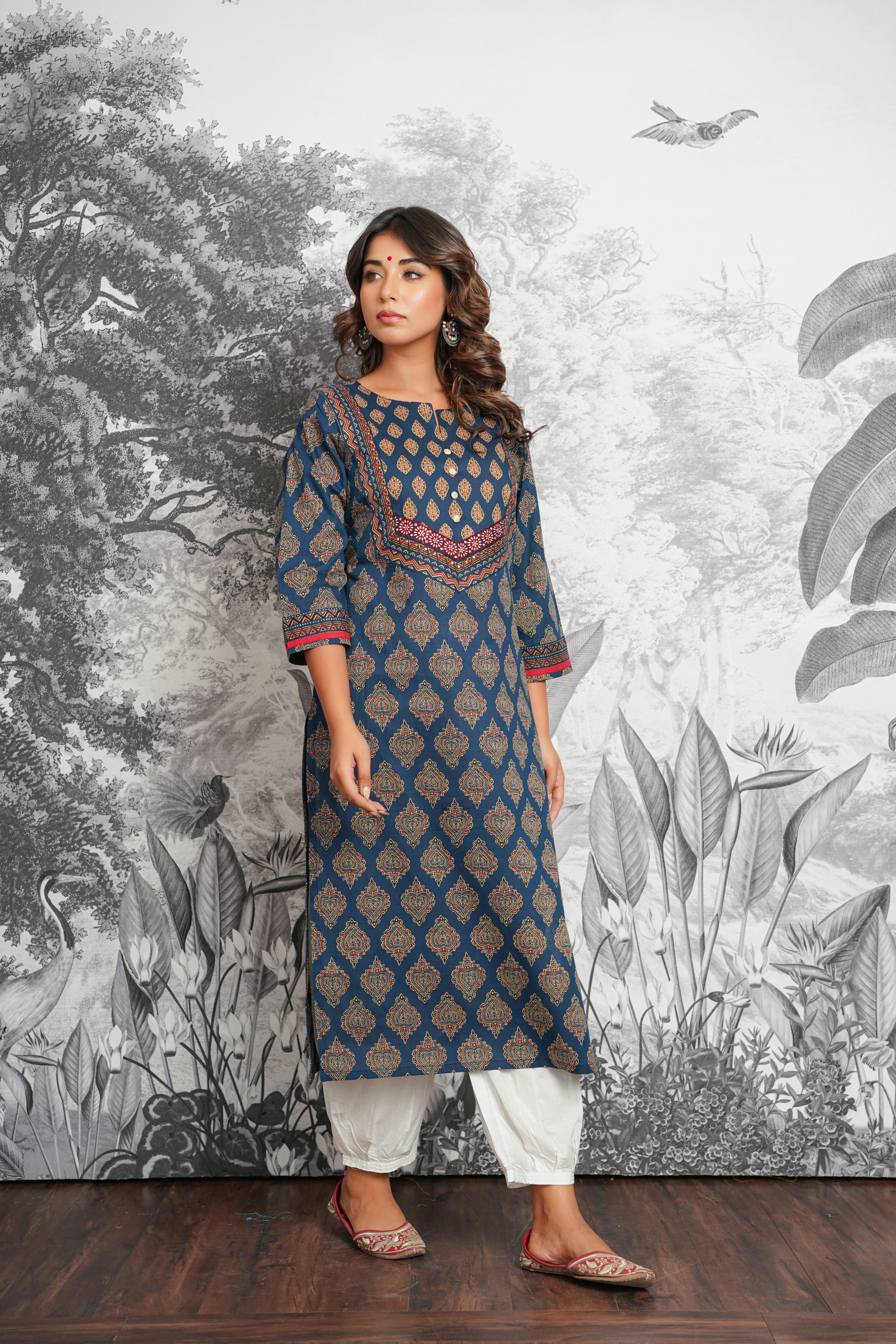 Blue Motif Printed Cotton Kurta