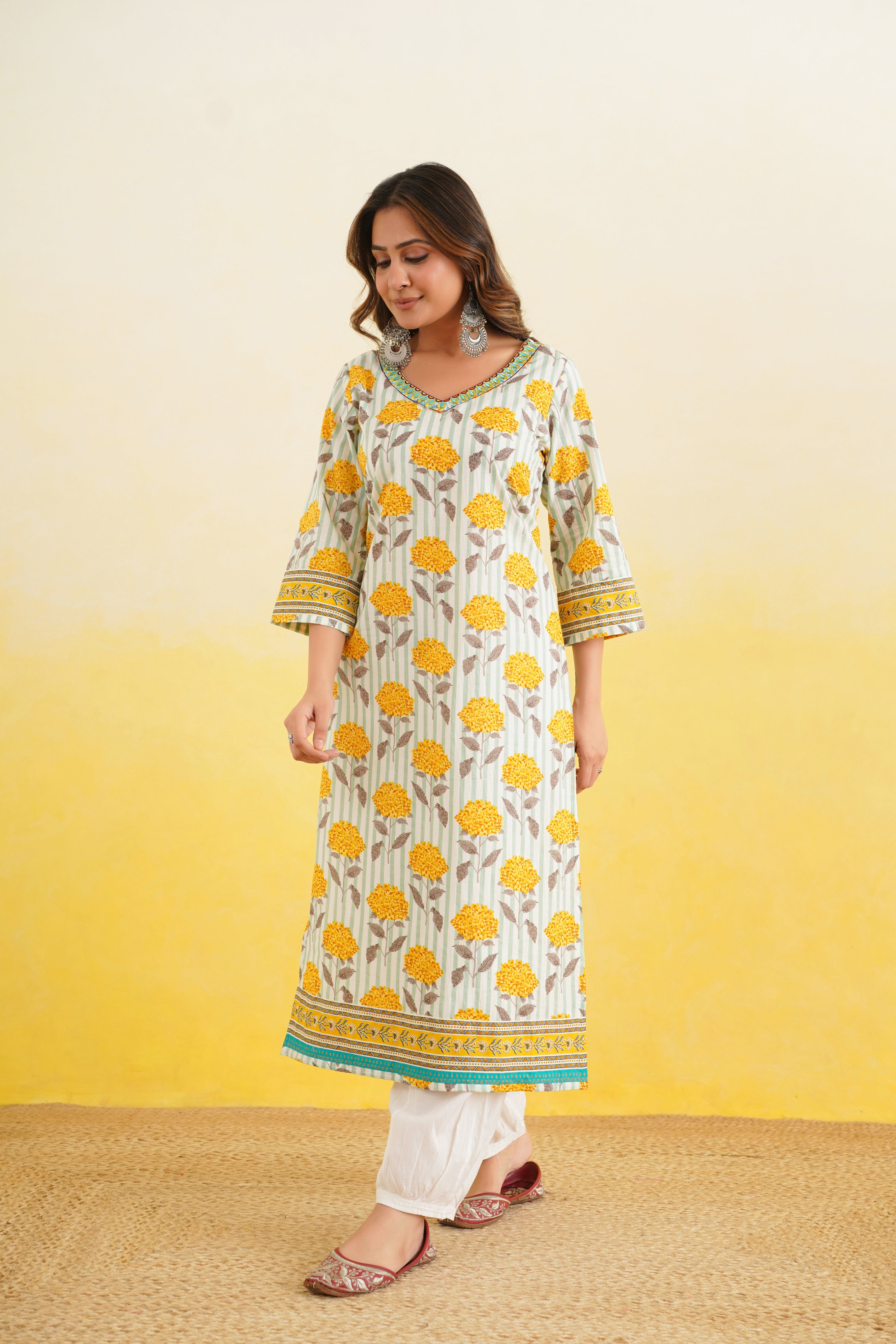 Yellow Floral Printed Cotton Kurta