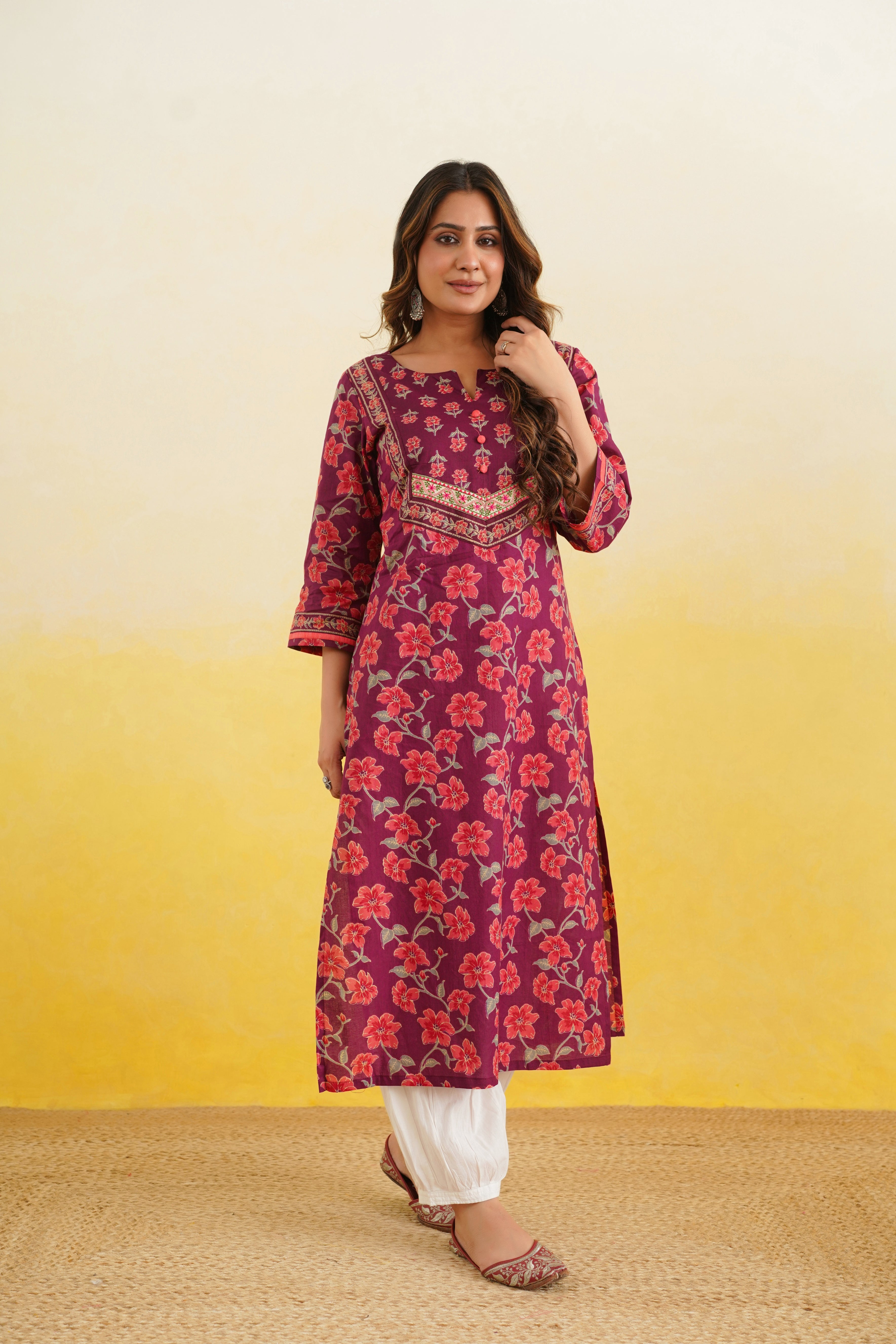 Wine Floral Printed Cotton Kurta