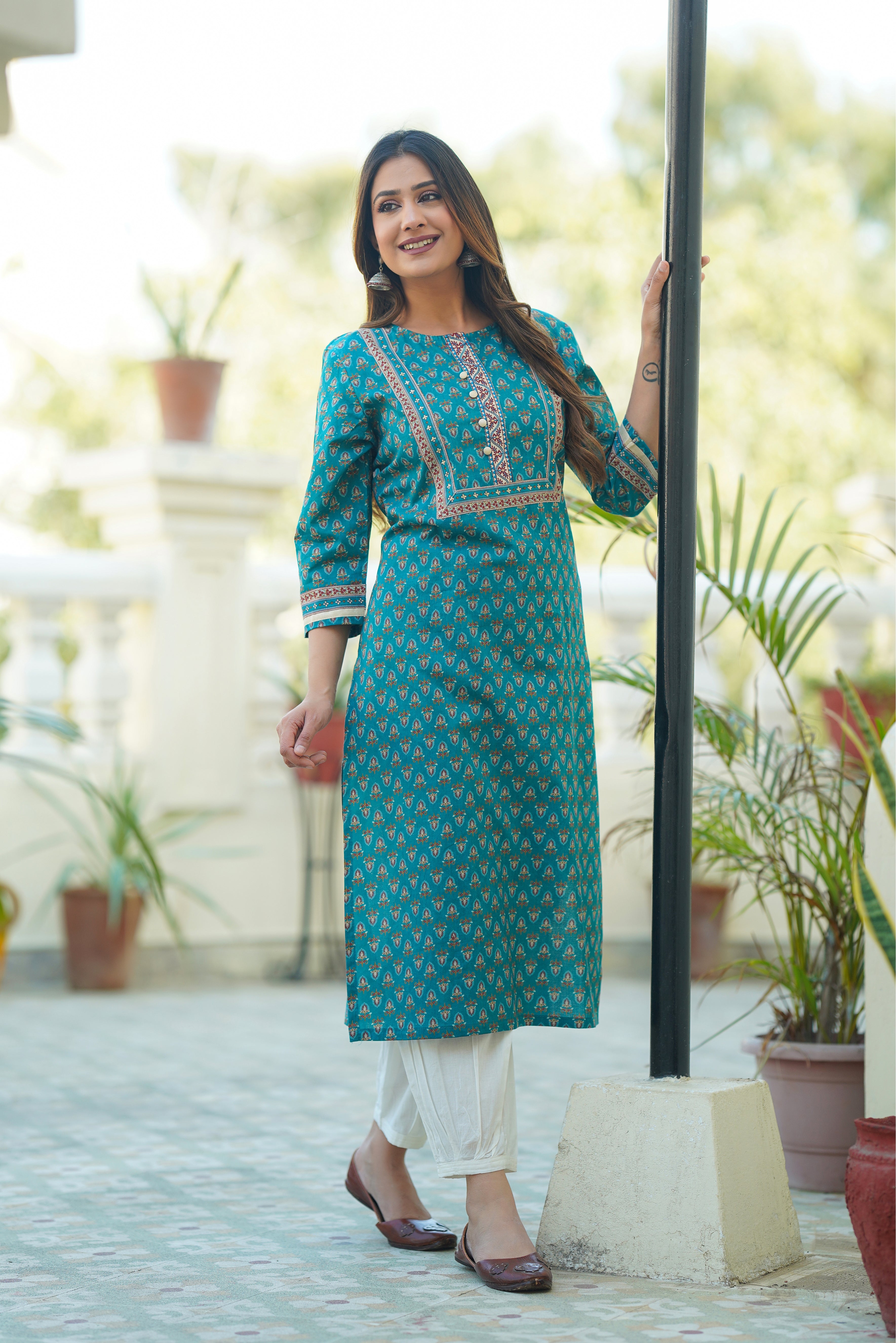 Teal Motif Printed Cotton Kurta