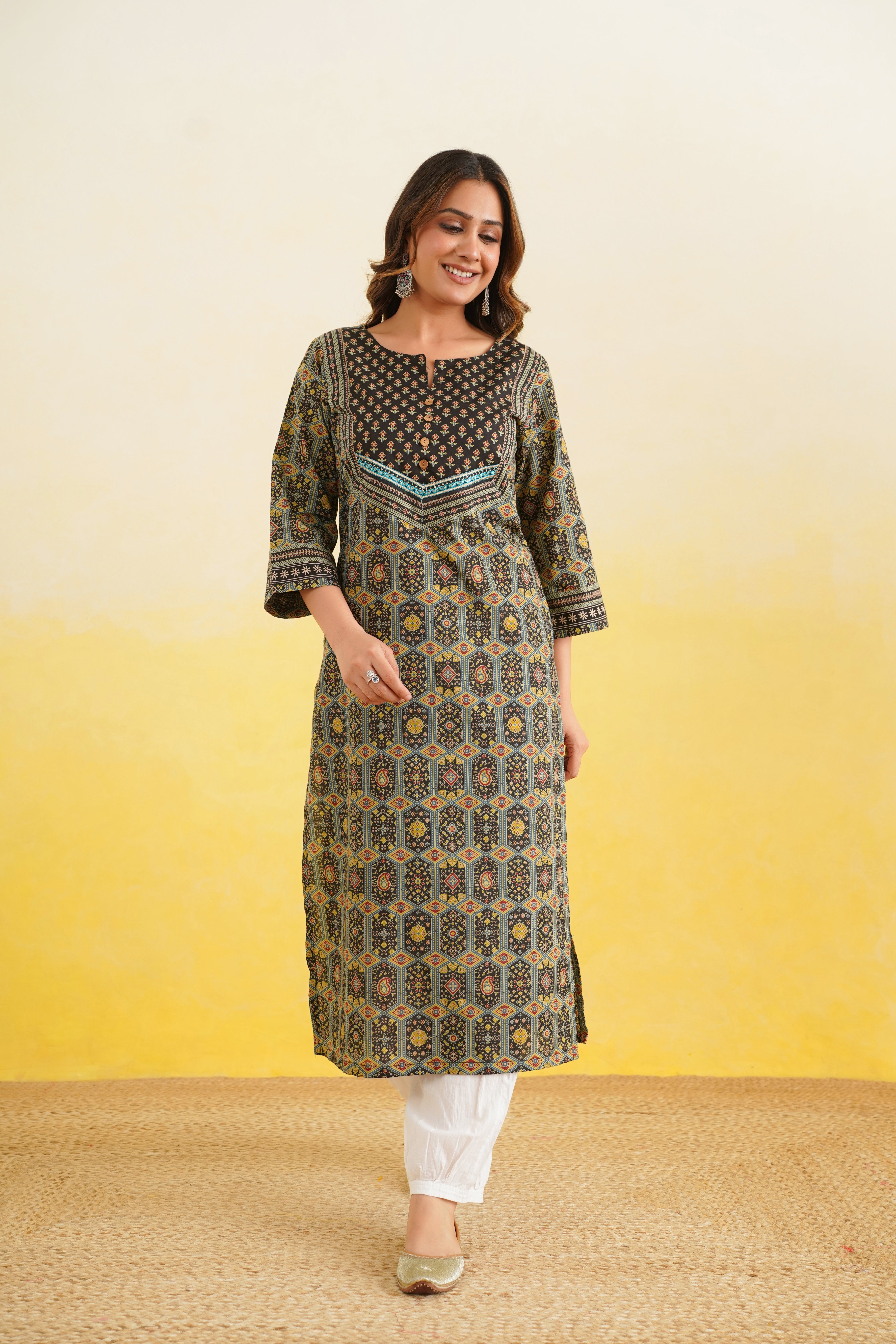 Black Geometric Printed Cotton Kurta