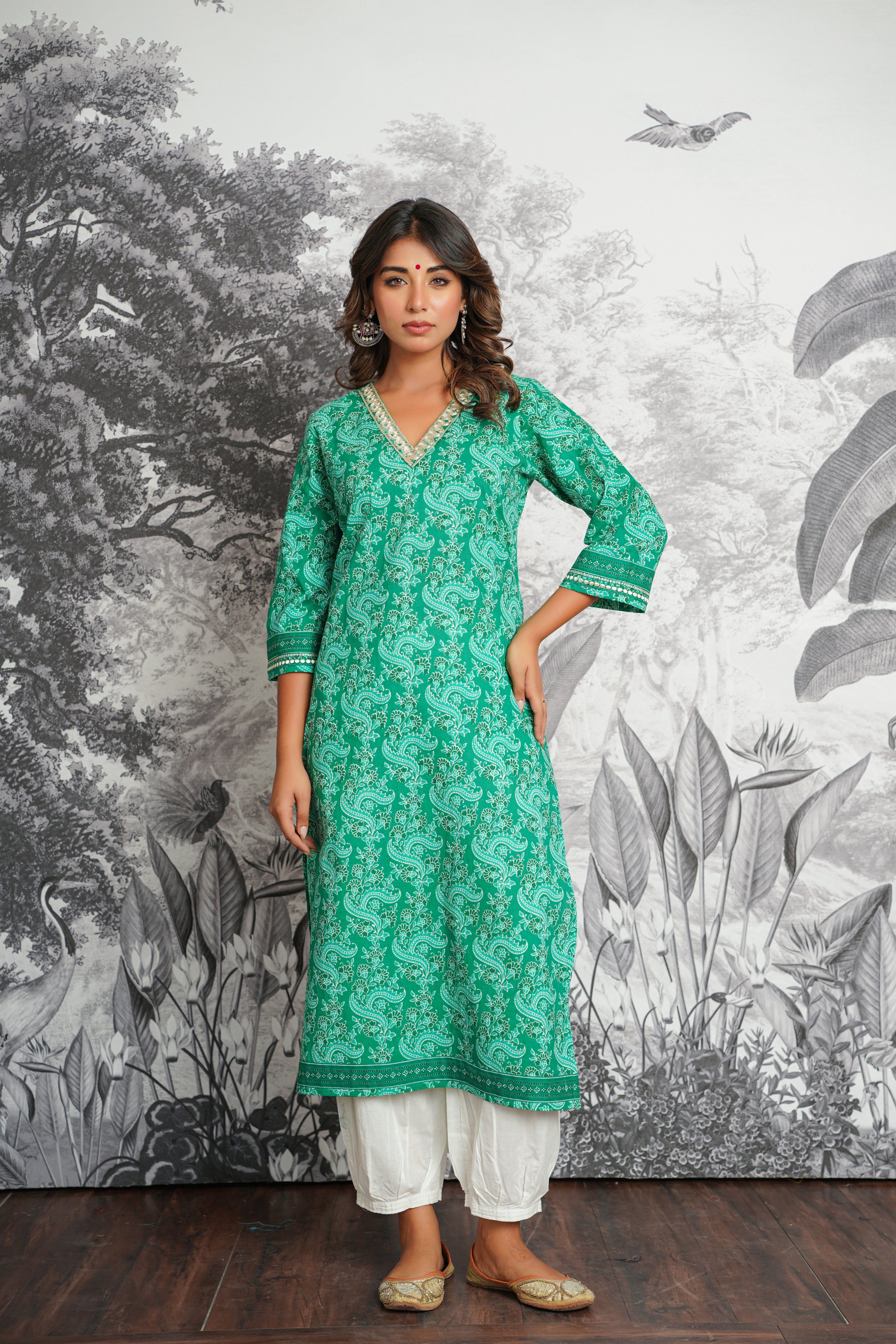 Green Floral Printed Cotton Kurta