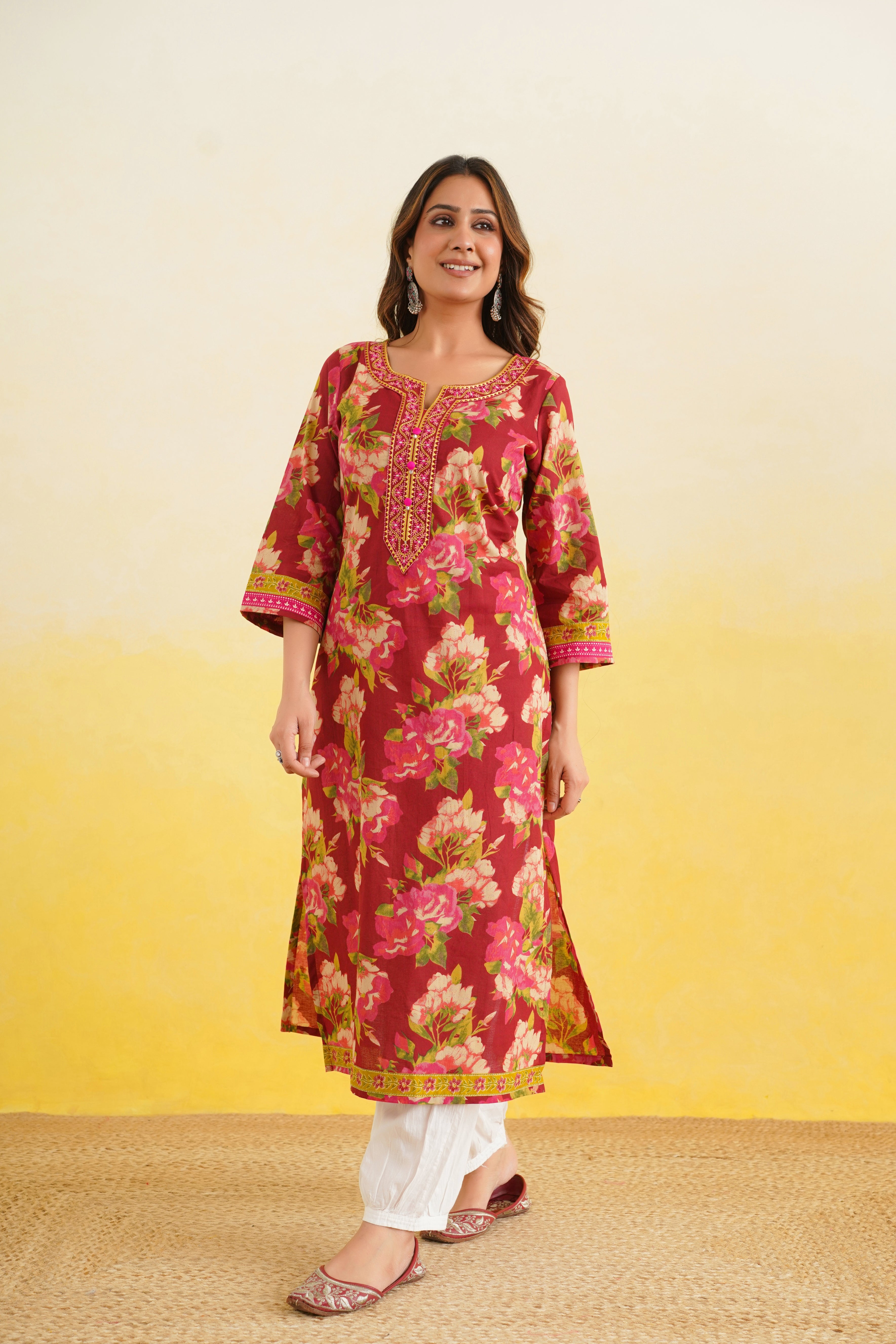 Maroon Floral Printed Cotton Kurta