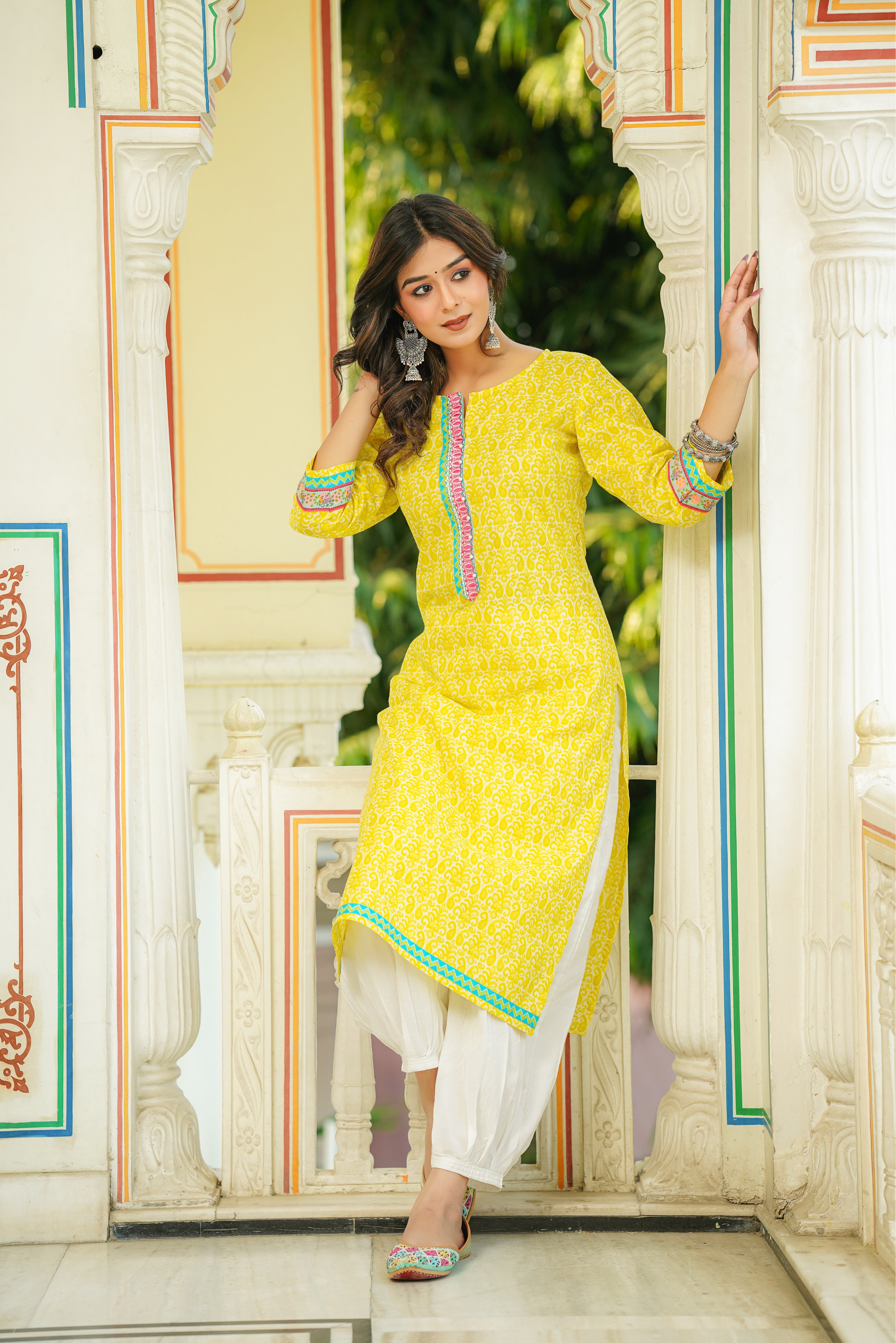 Yellow Motif Printed Cotton Kurta