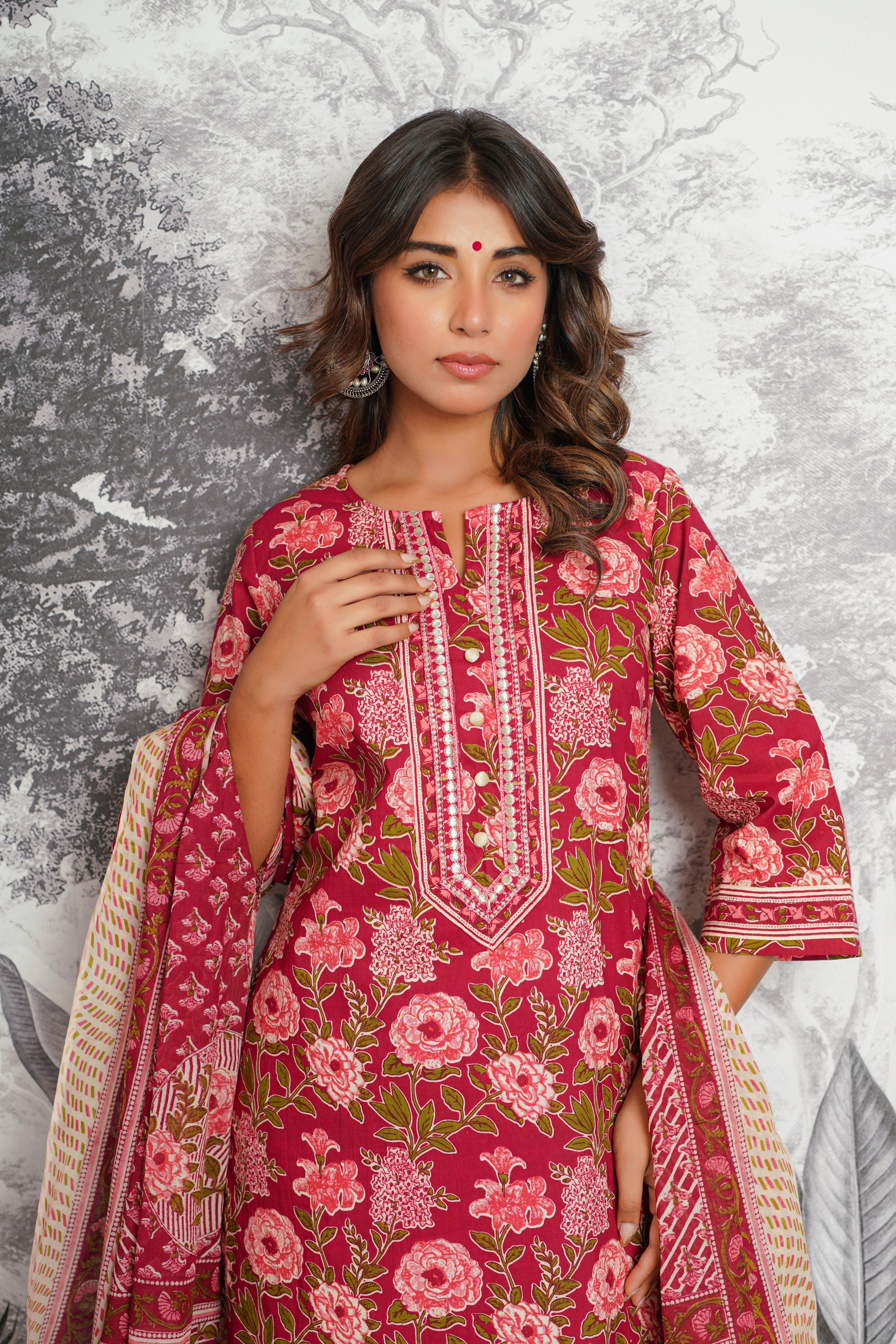 Maroon Floral Printed Cotton Suit Set