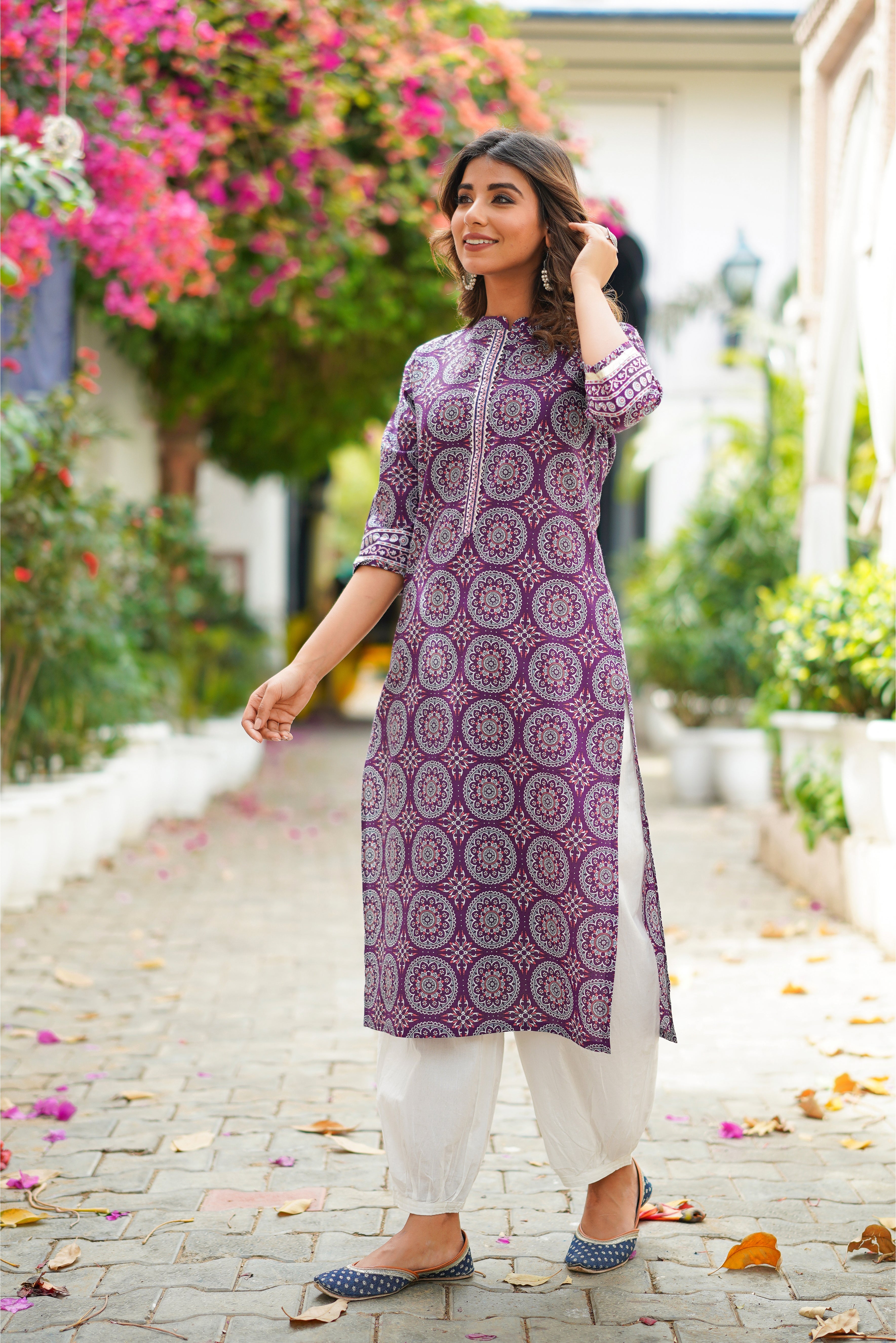 Purple Motif Printed Cotton Kurta