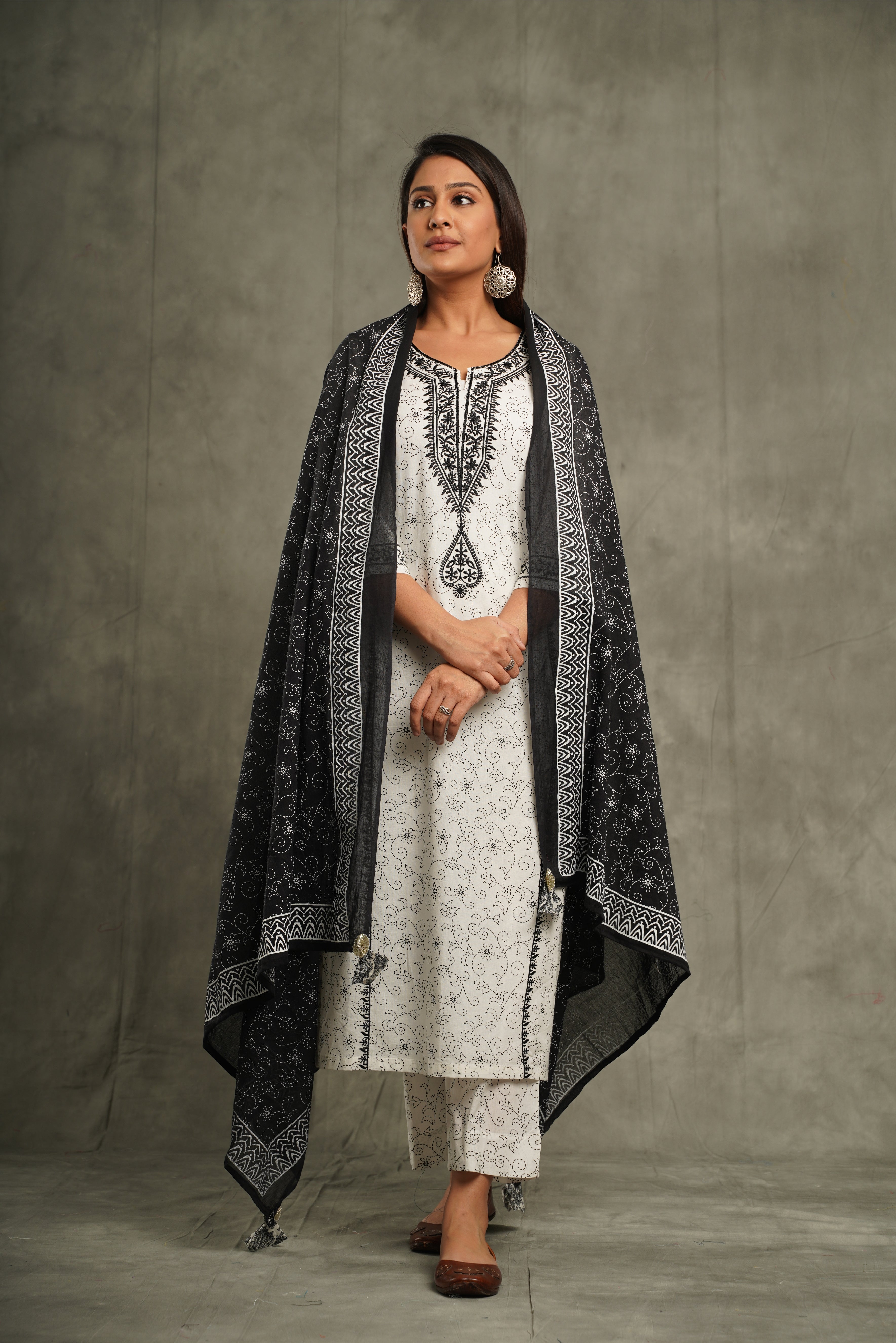 Black & White Embroidery Cotton Suit Set