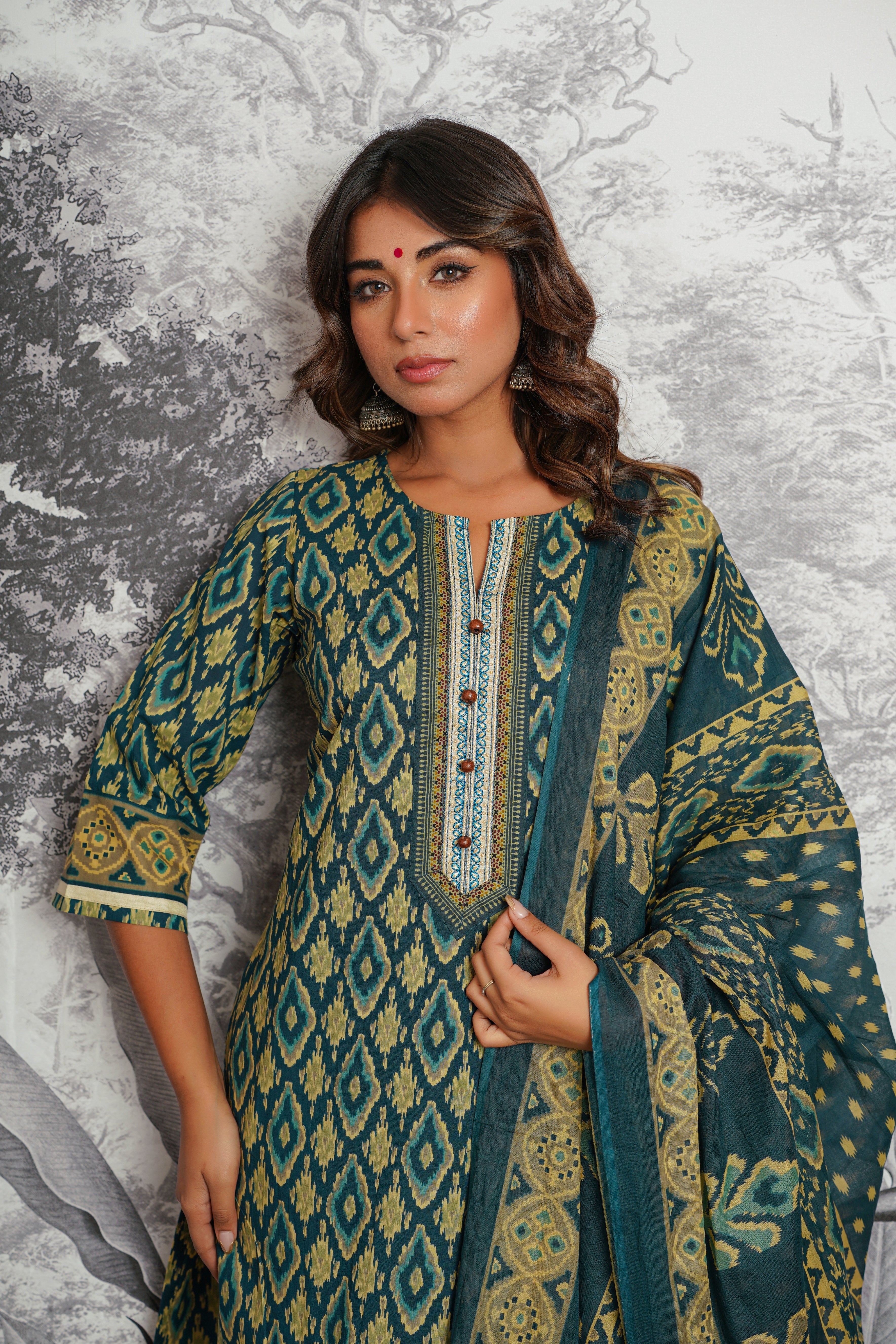 Green Ikat Printed Cotton Suit Set