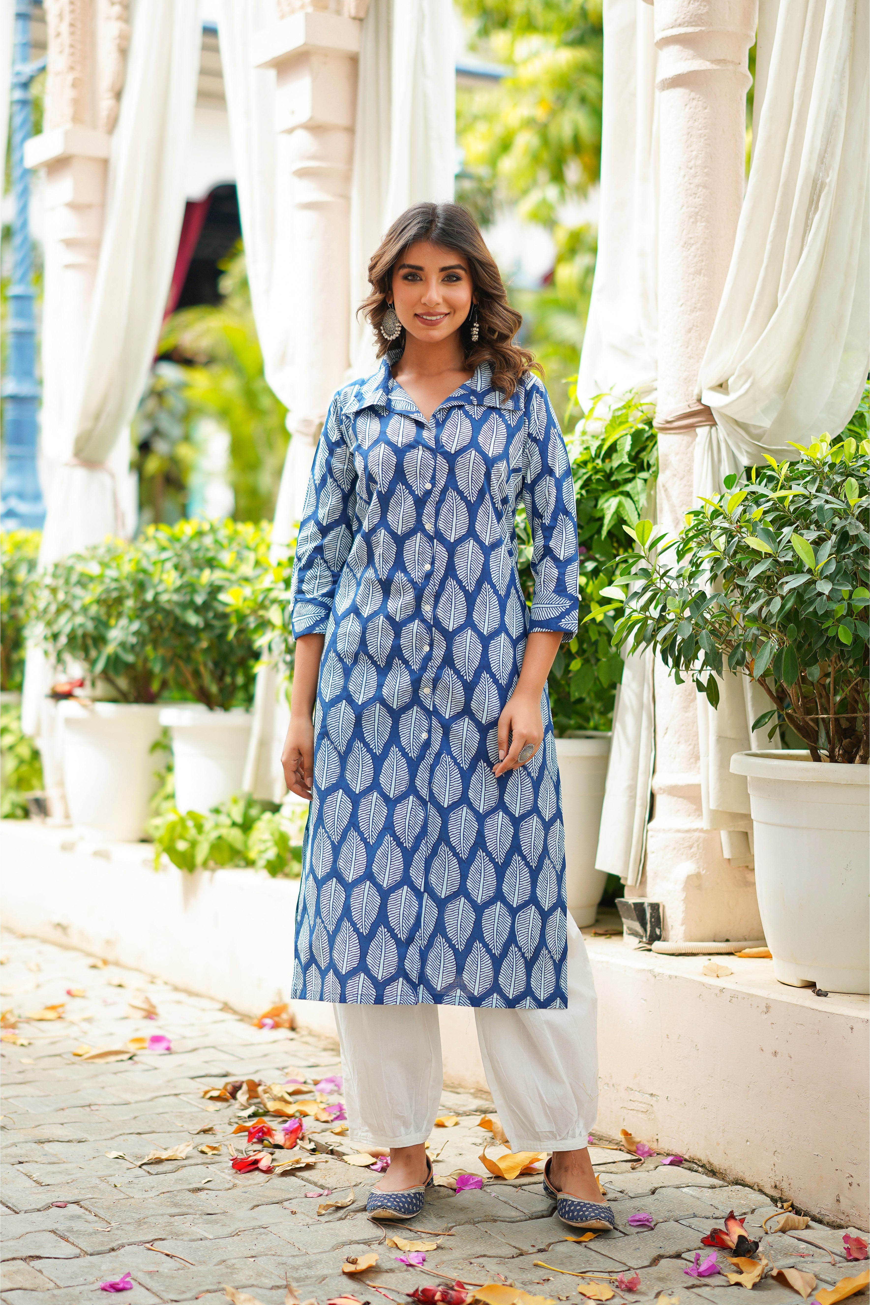 Blue Motif Printed Cotton Kurta