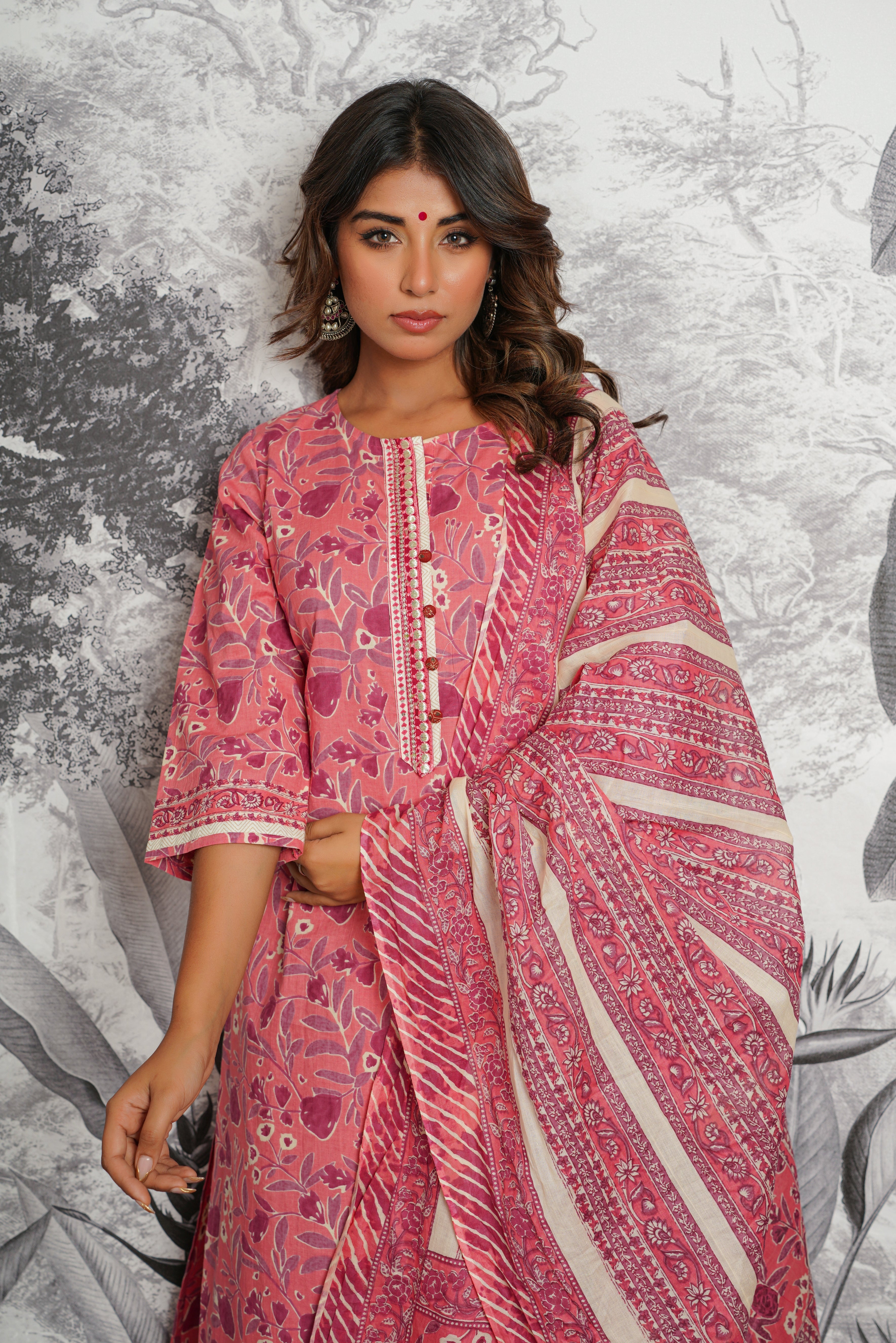 Pink Floral Printed Cotton Suit Set