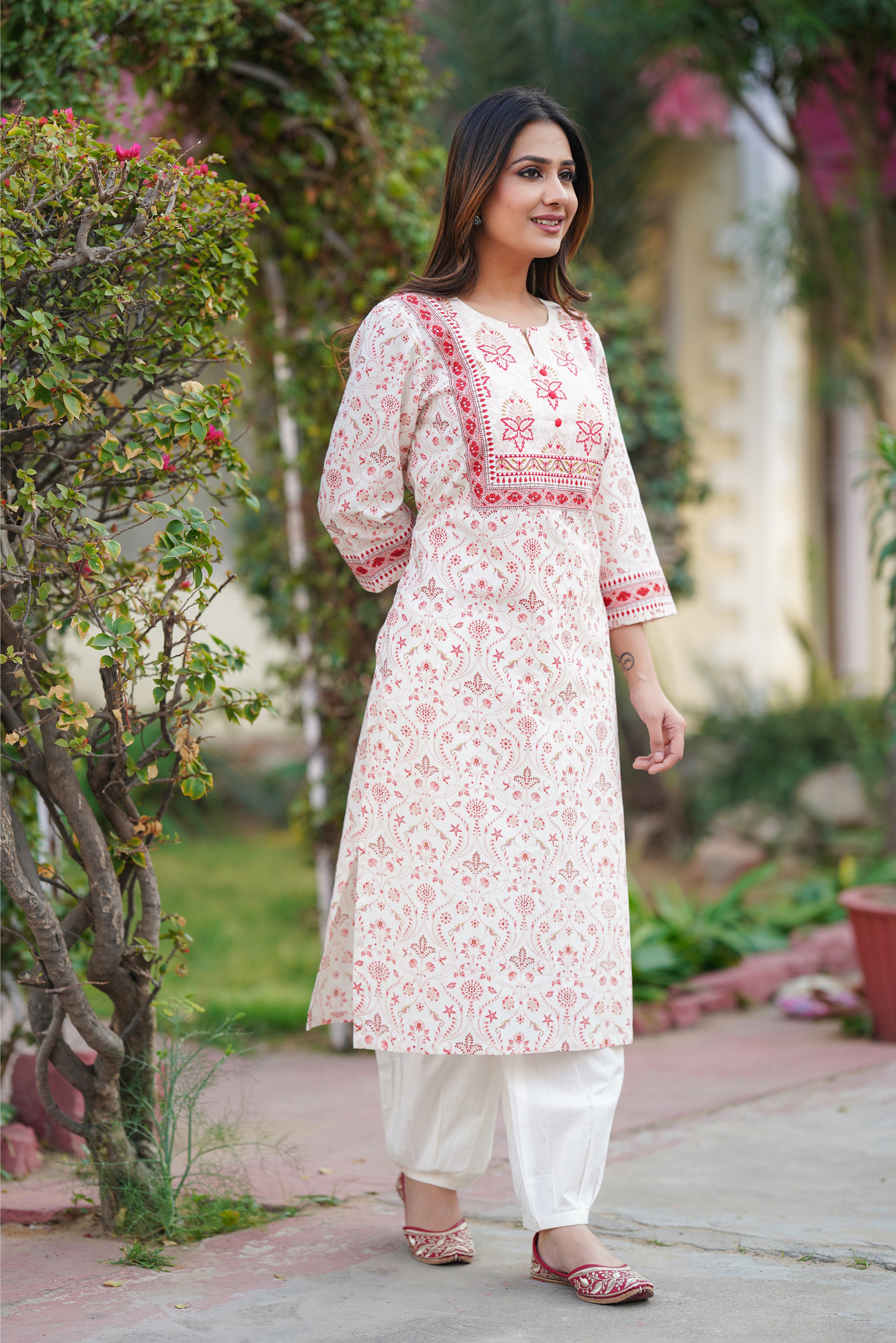 Pink Motif Printed Cotton Kurta