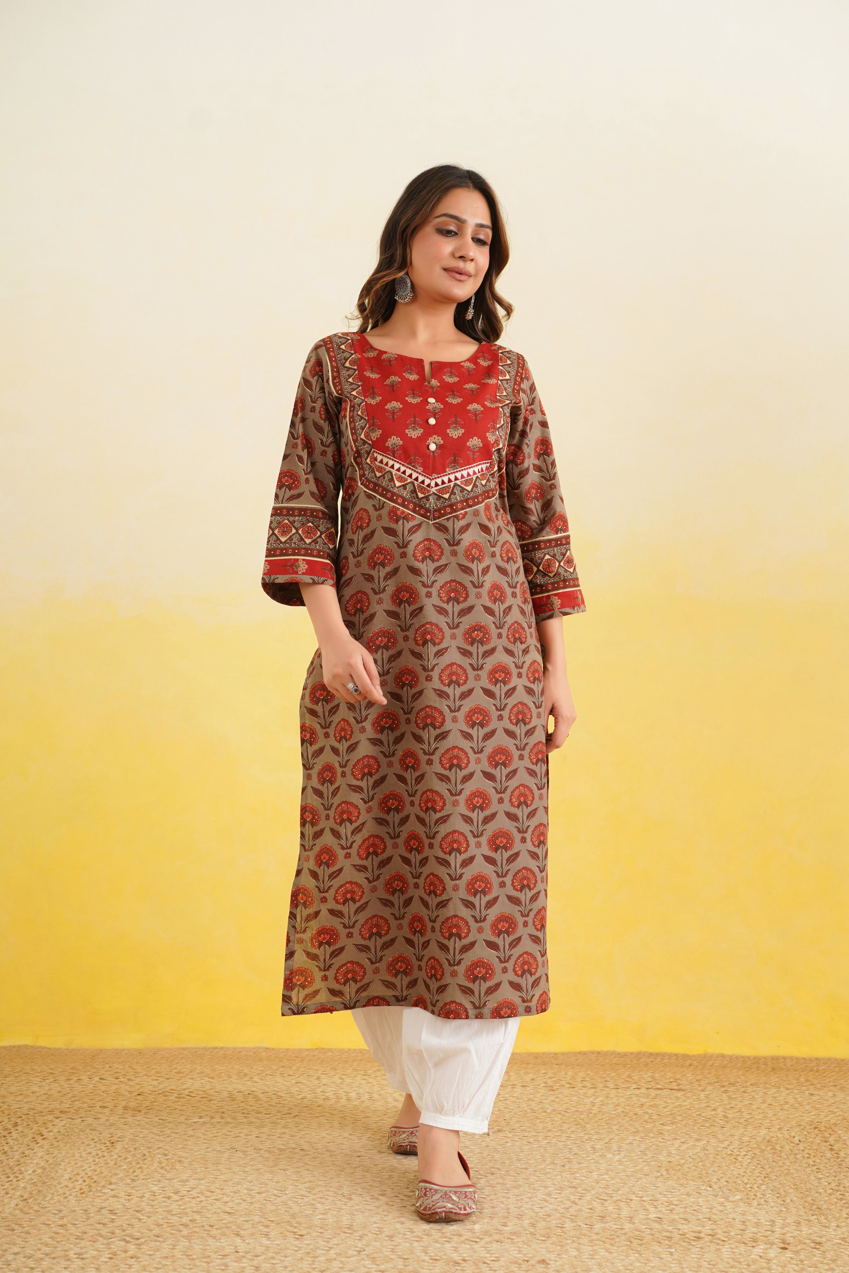 Coffee Floral Printed Cotton Kurta