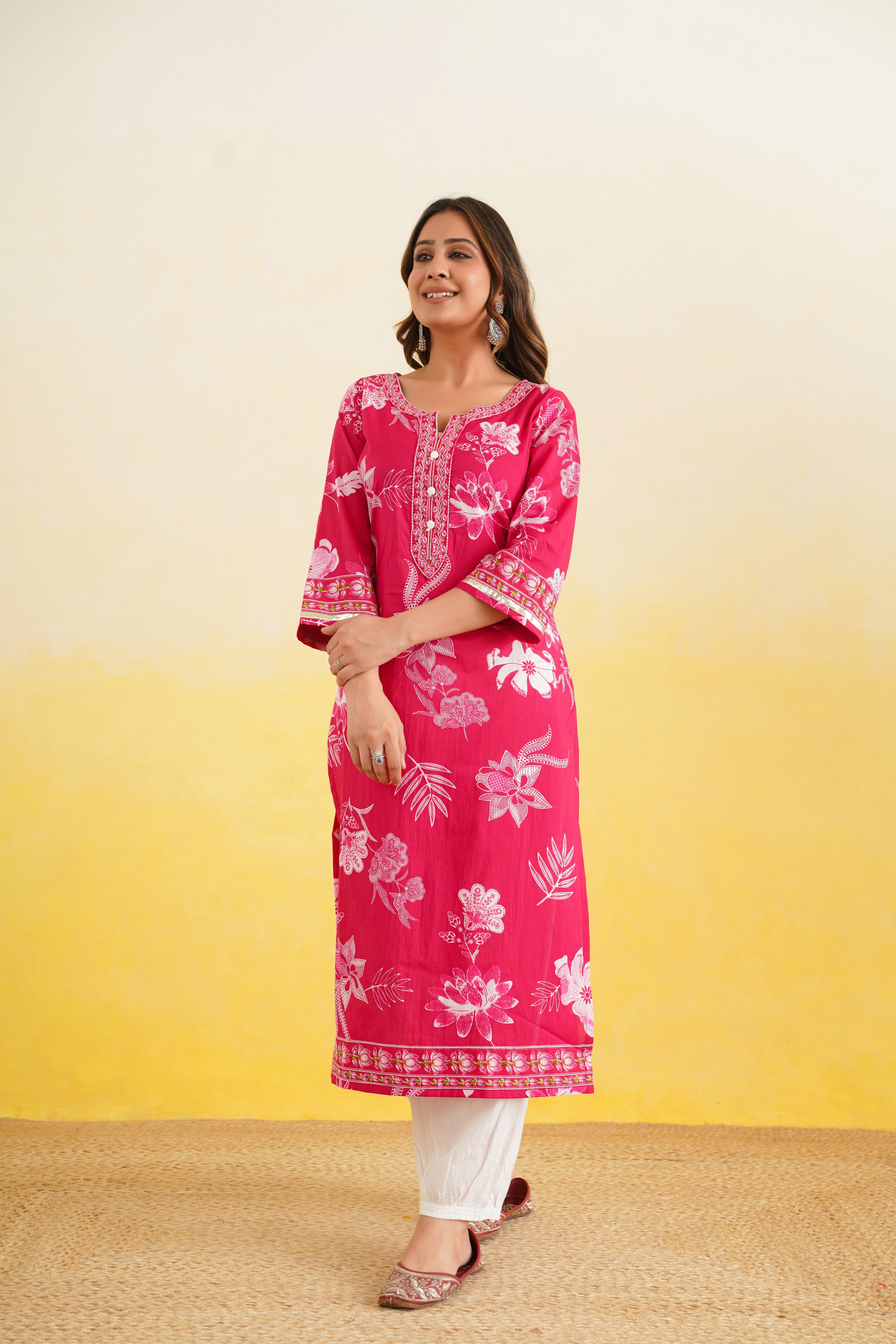 Pink Floral Printed Cotton Kurta