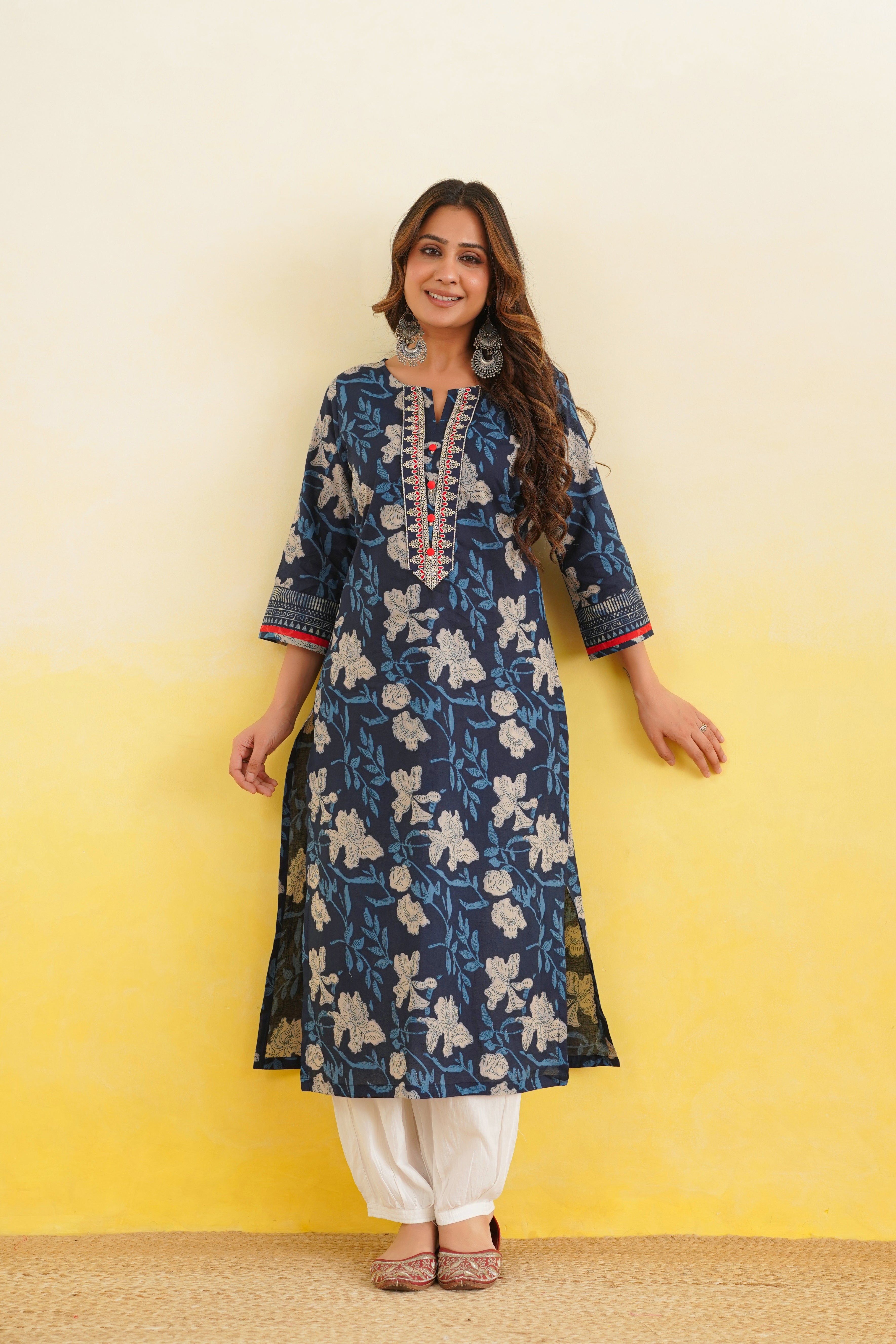 Blue Floral Printed Cotton Kurta