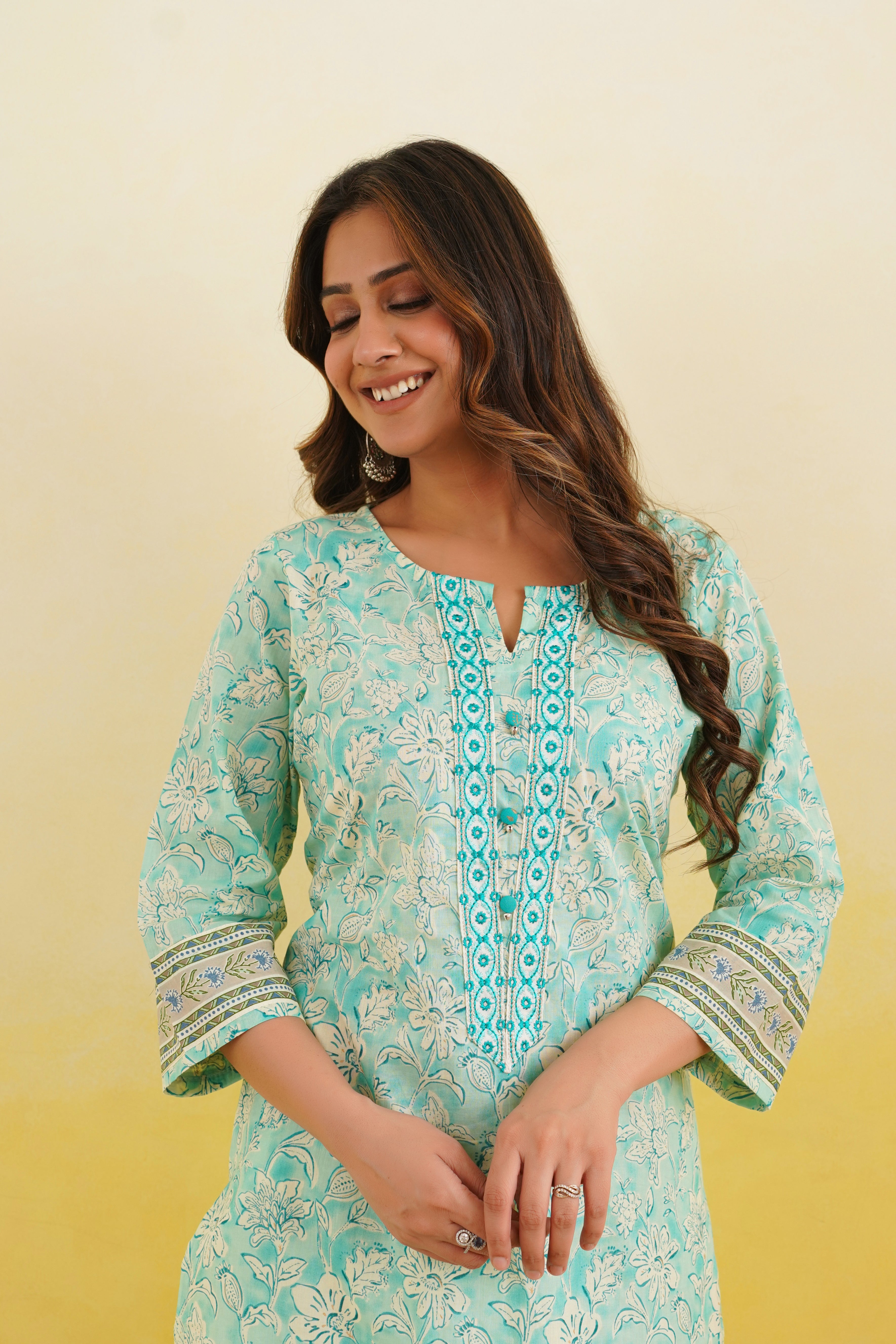 Turquoise Floral Printed Cotton Kurta
