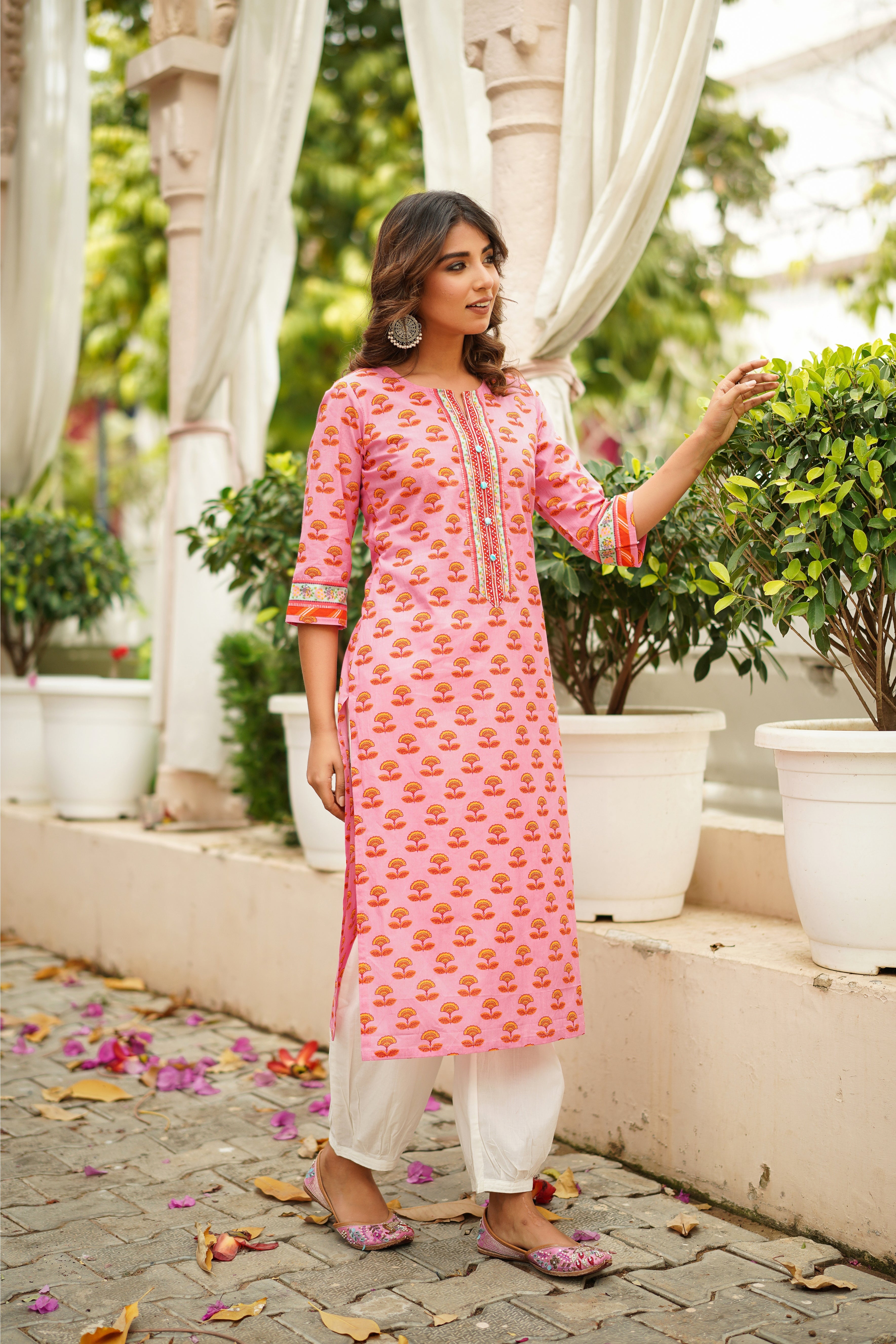 Pink Motif Printed Cotton Kurta