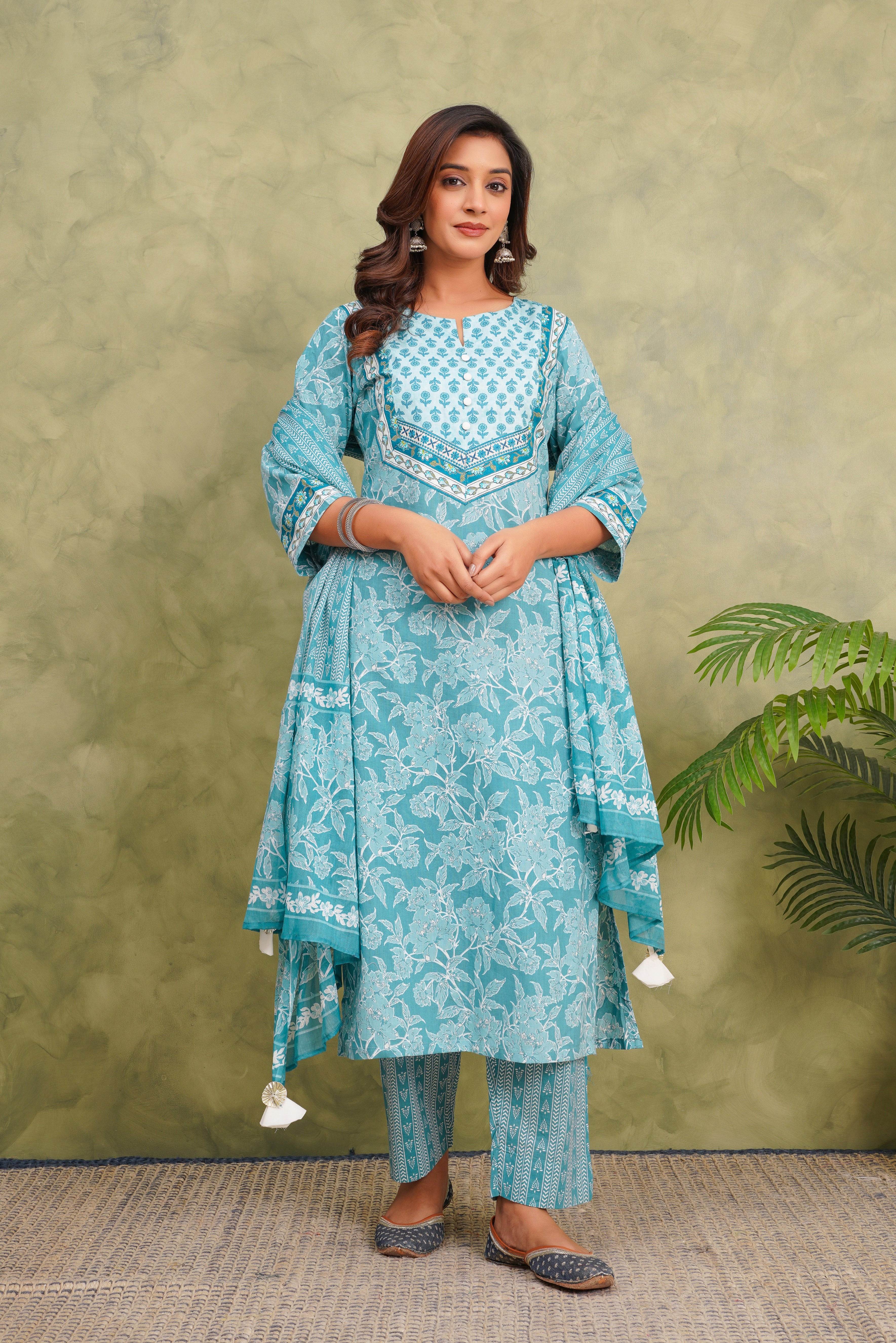 Blue Floral Printed Cotton Suit Set