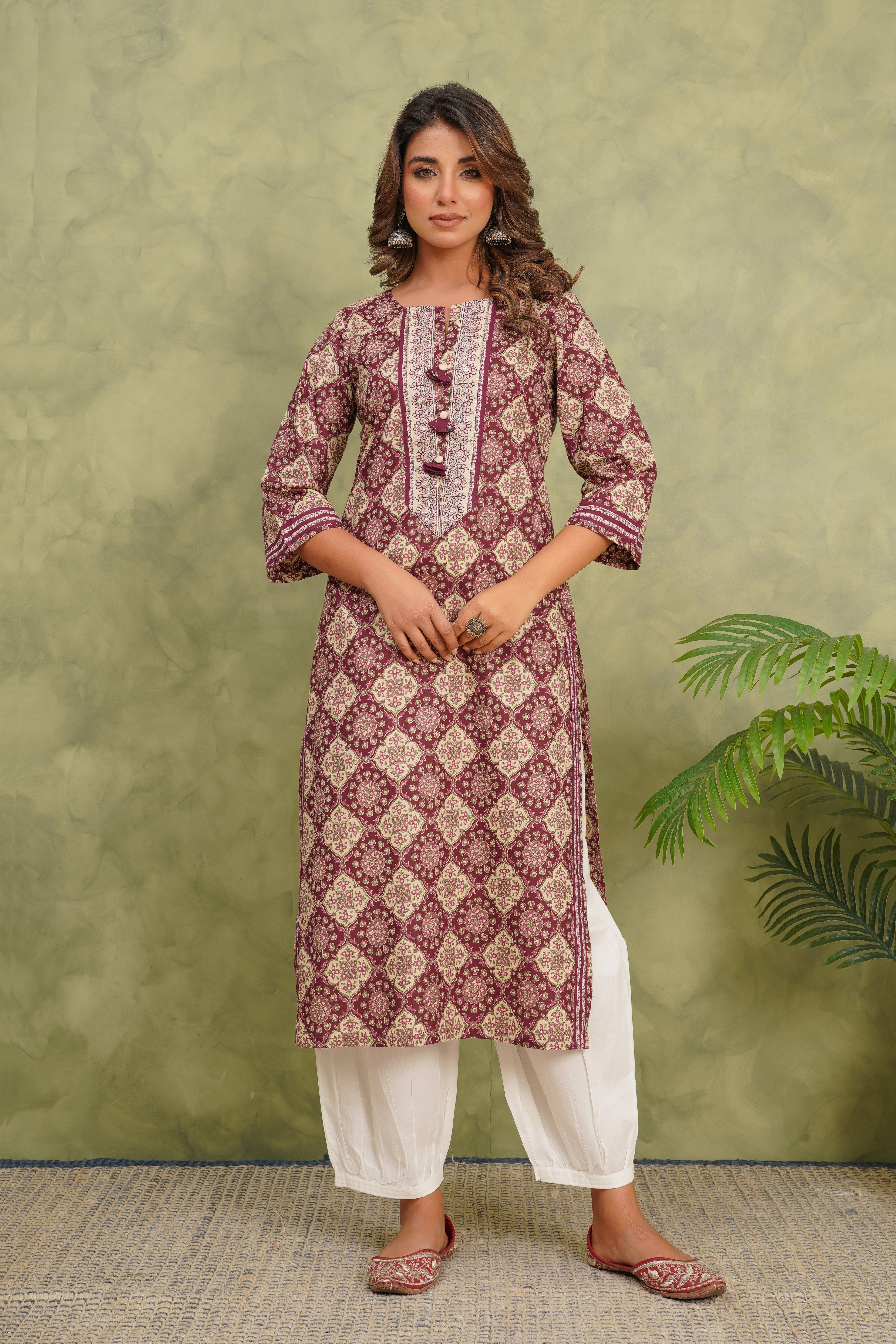 Wine Geometric Printed Cotton Kurta