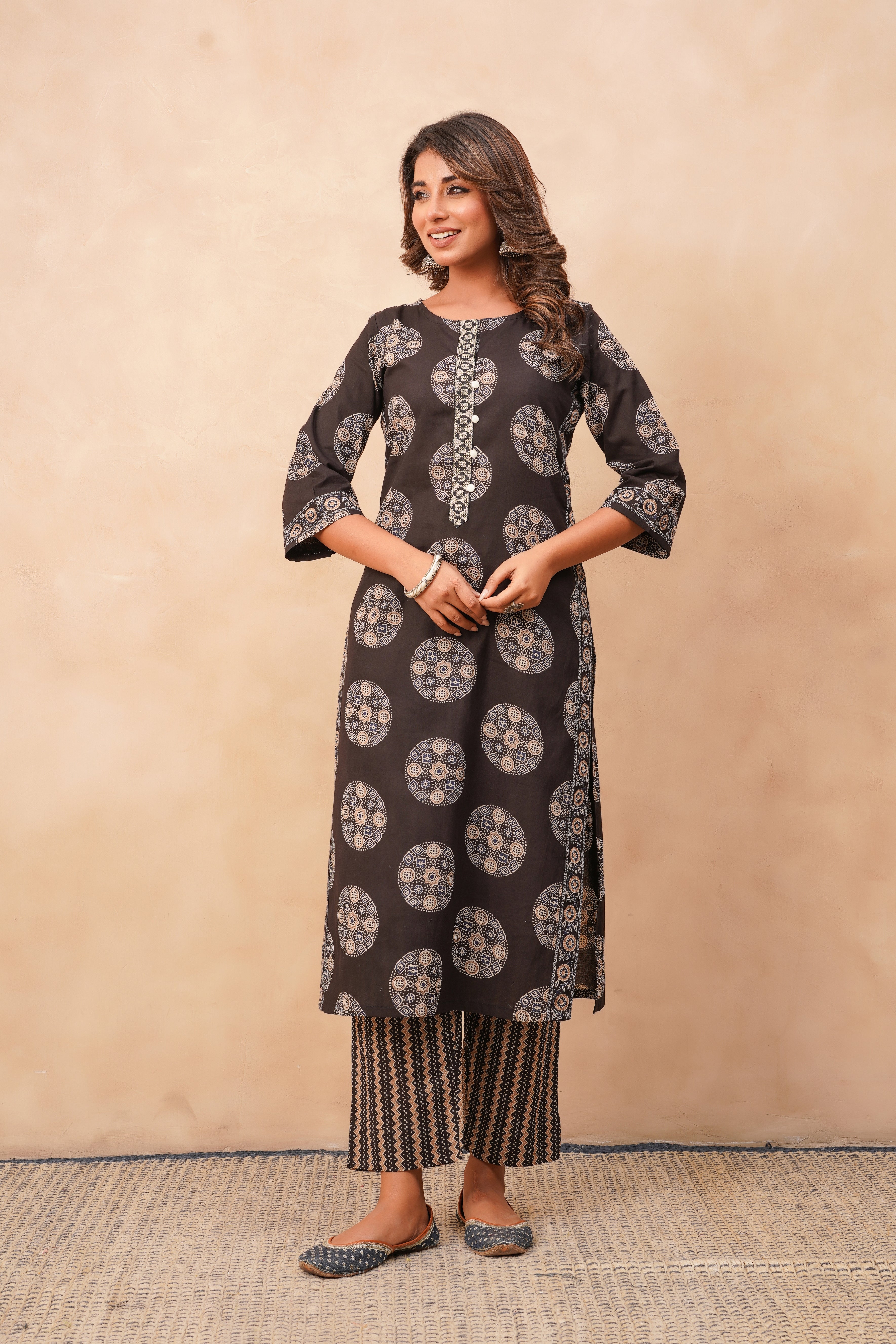 Black Geometric Printed Cotton Suit Set